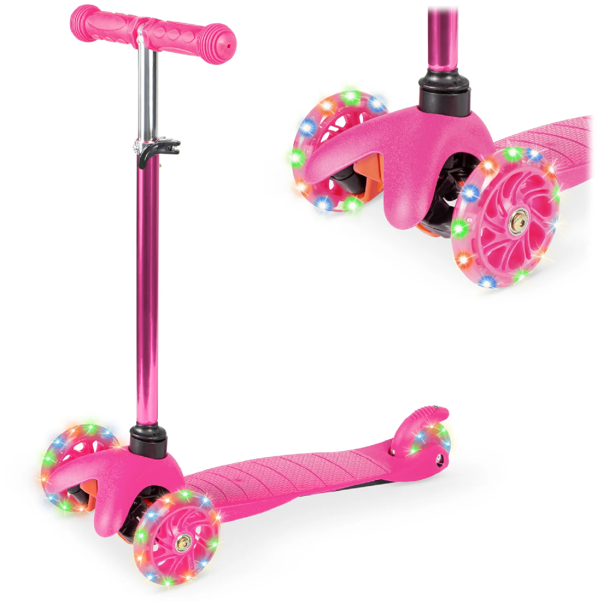 Mini Kick Scooter Toy for Kids w/ Light-Up Wheels & Height Adjustable T-Bar - Light Pink - Best Choice Products Online