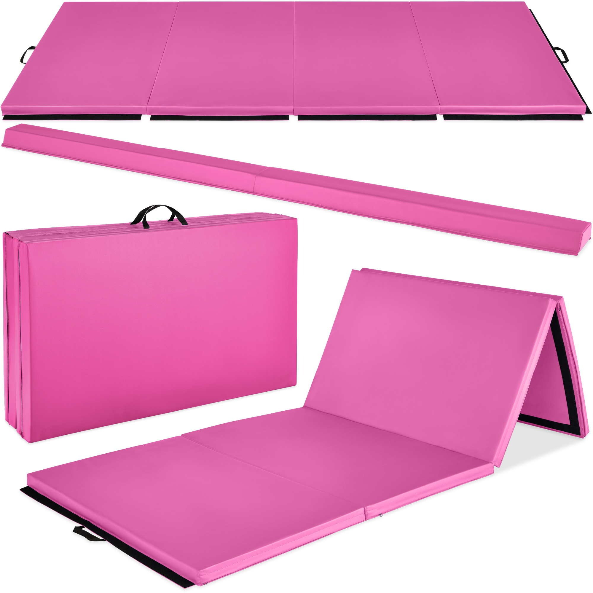 10ftx4ftx2in Folding Gym Mat 4-Panel w/ Carrying Handles & Folding Balance Beam - Pink - Best Choice Products Online