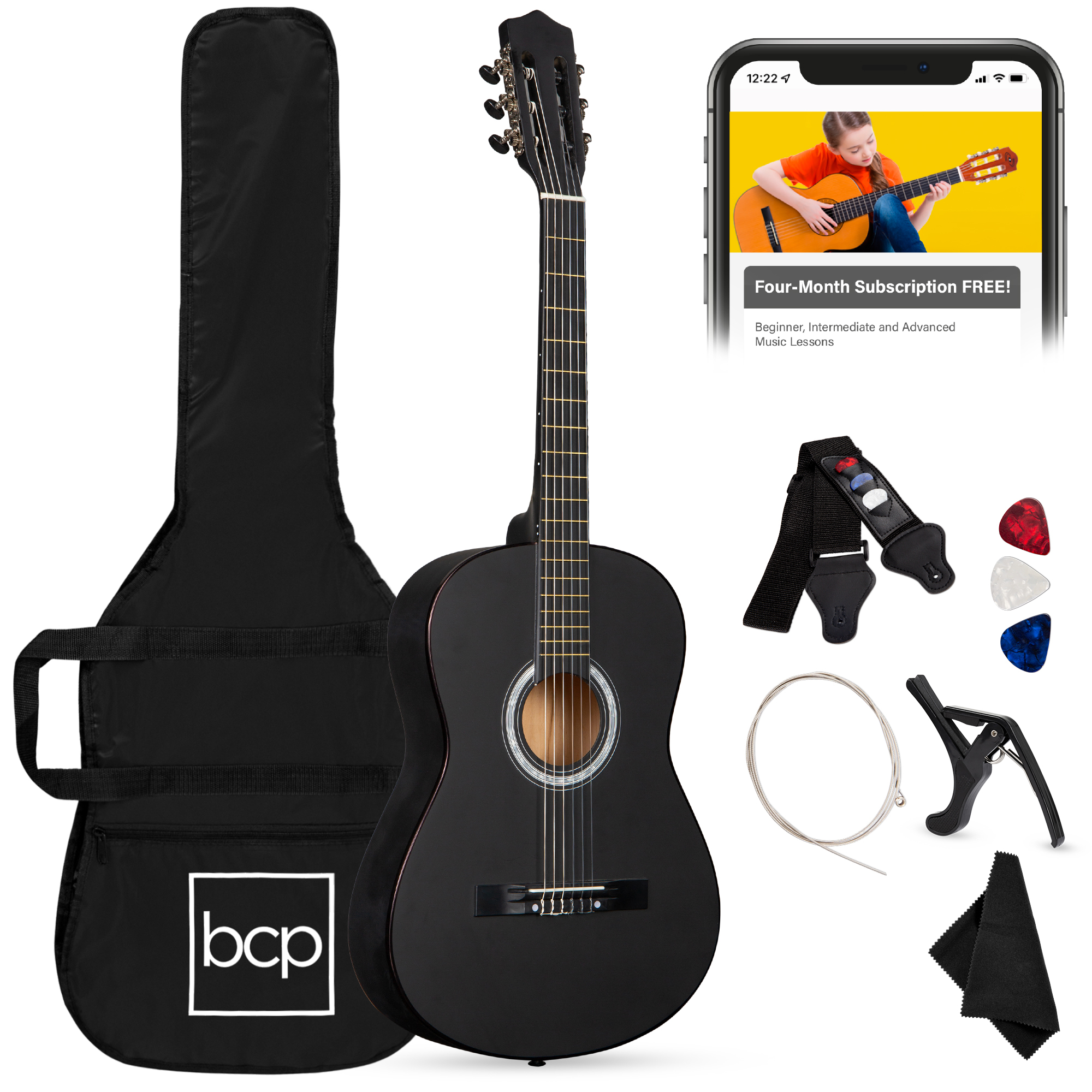 38in Beginner Acoustic Guitar Starter Kit w/ Case, Strap, Digital Tuner, Pick, Strings - Matte Black