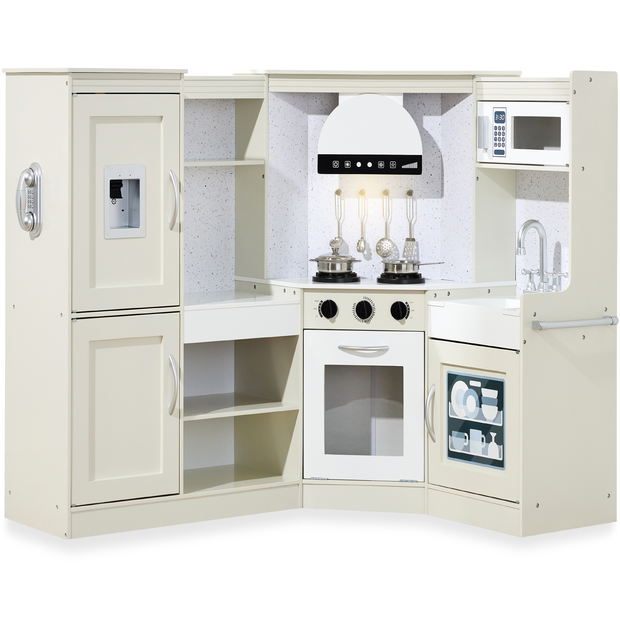 Pretend Play Corner Kitchen, Ultimate Wooden Toy Set For Kids w/ 6 Accessories - Cream - Best Choice Products Online