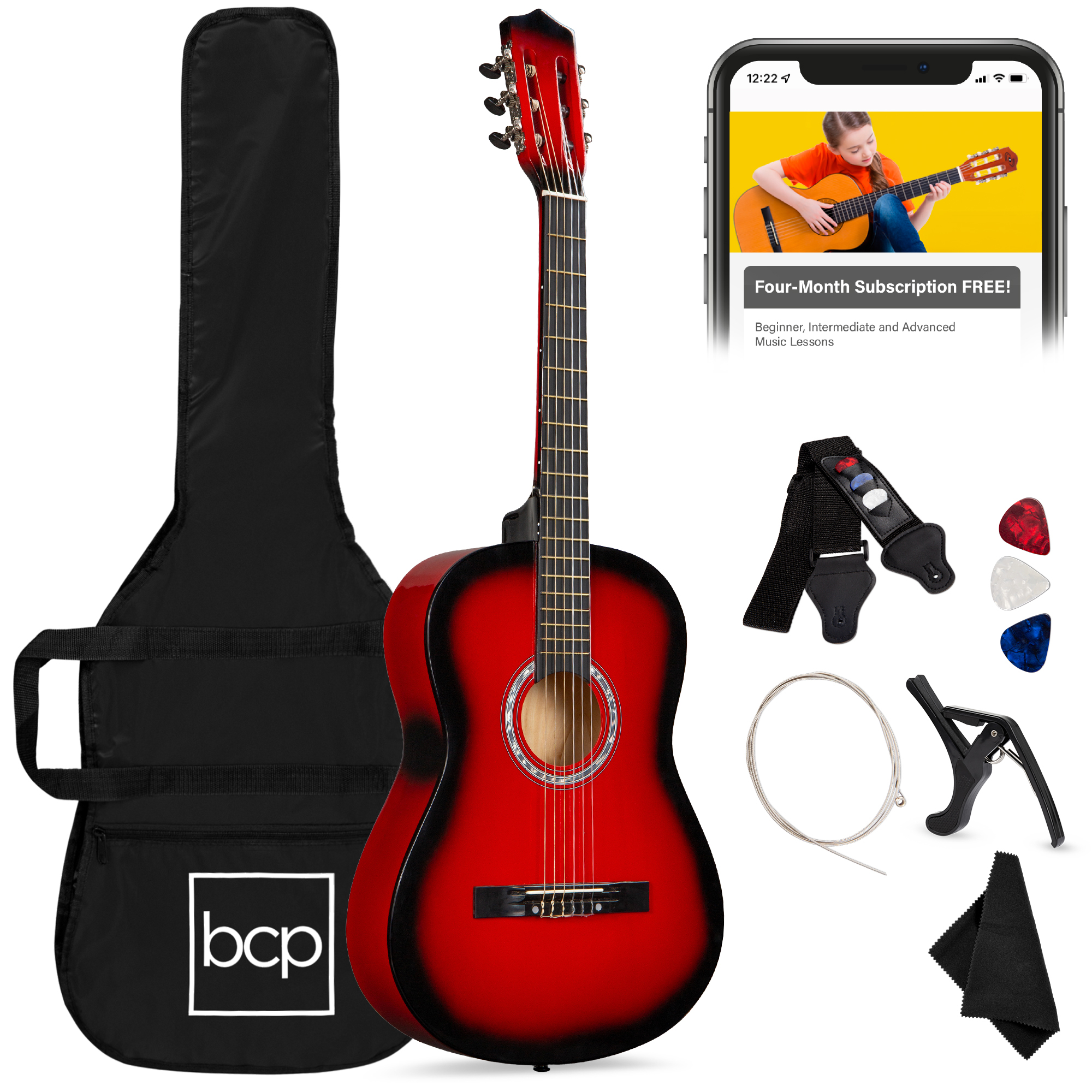 38in Beginner Acoustic Guitar Starter Kit w/ Case, Strap, Digital Tuner, Pick, Strings - Red Burst