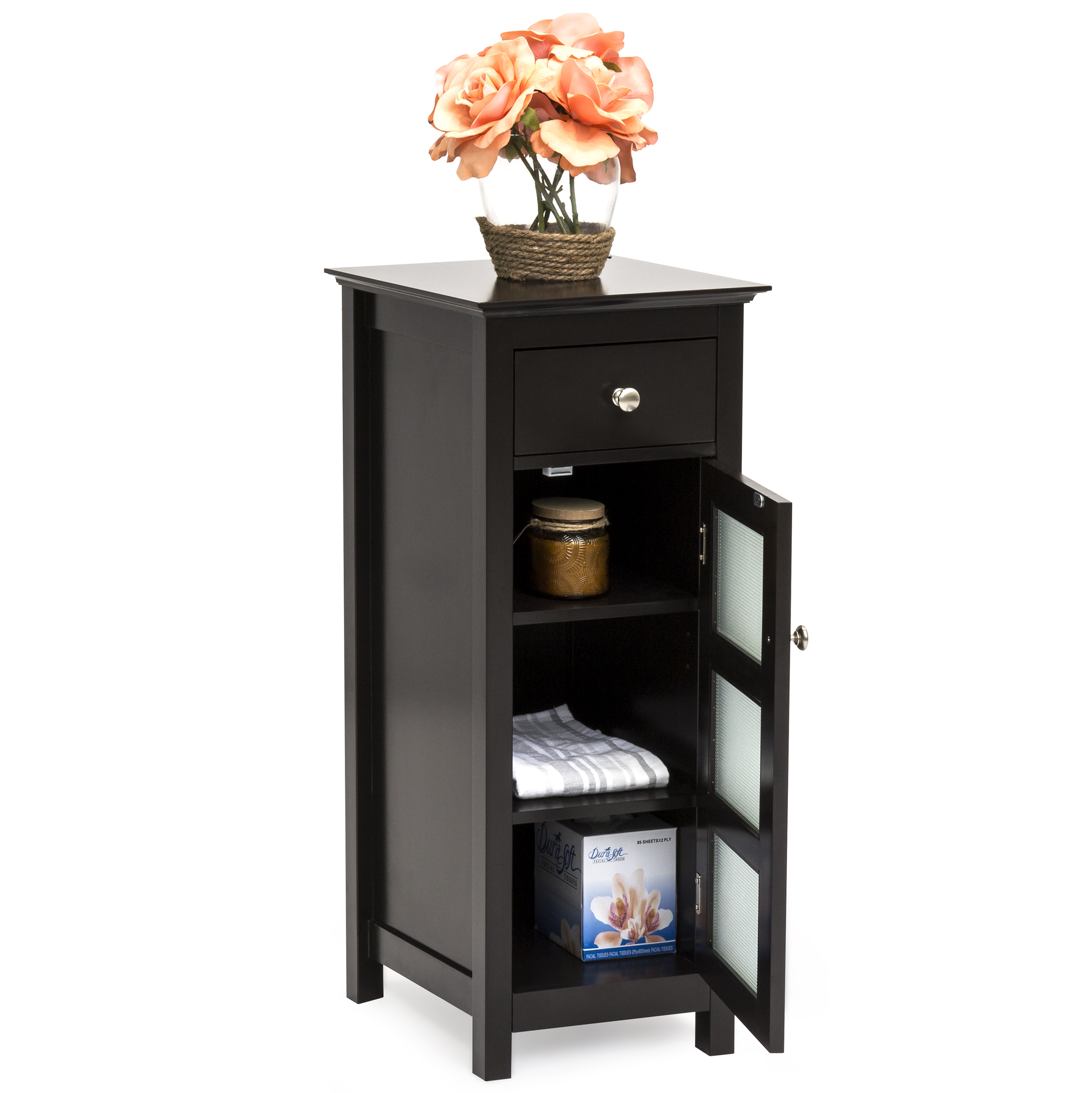 Best Choice Products Bathroom Floor Storage Organizer Cabinet w/ 3 Shelves, Tempered Glass Double Doors - Espresso Brown
