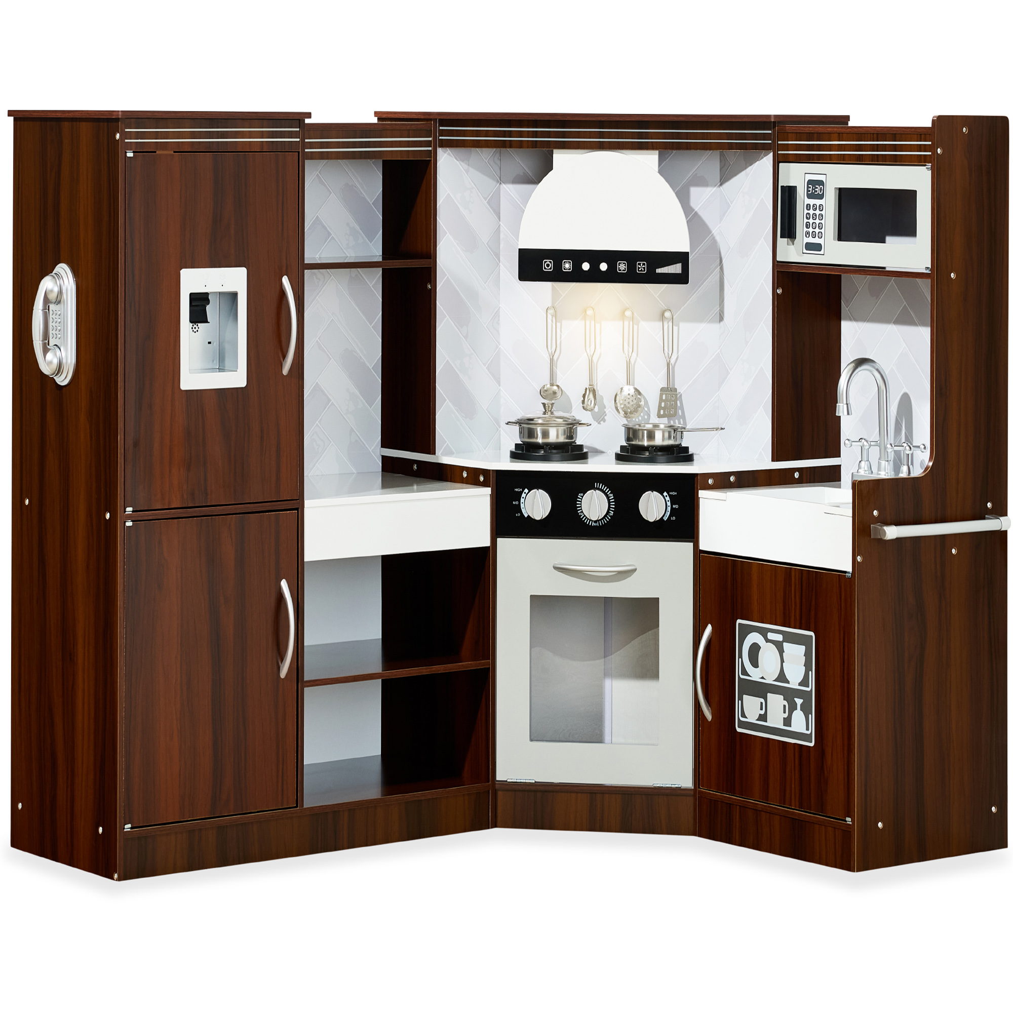Pretend Play Corner Kitchen, Ultimate Wooden Toy Set For Kids w/ 6 Accessories - Espresso - Best Choice Products Online