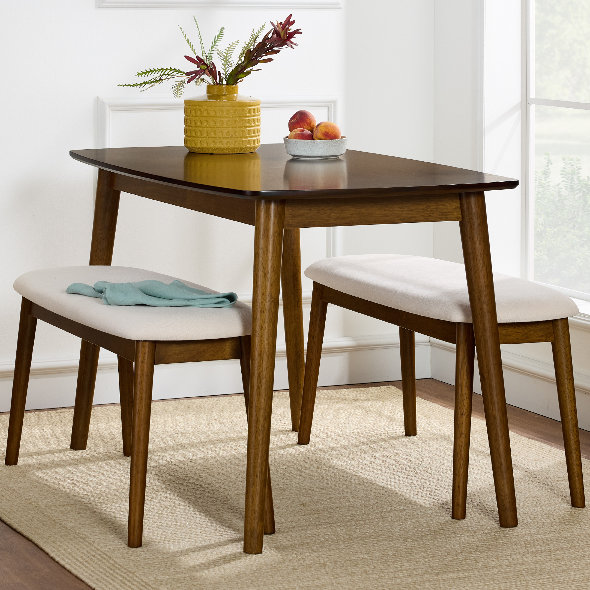 3-Piece Mid-Century Modern Upholstered Wooden Dining Set w/ 2 Bench Seats - Walnut/Cream - Best Choice Products Online