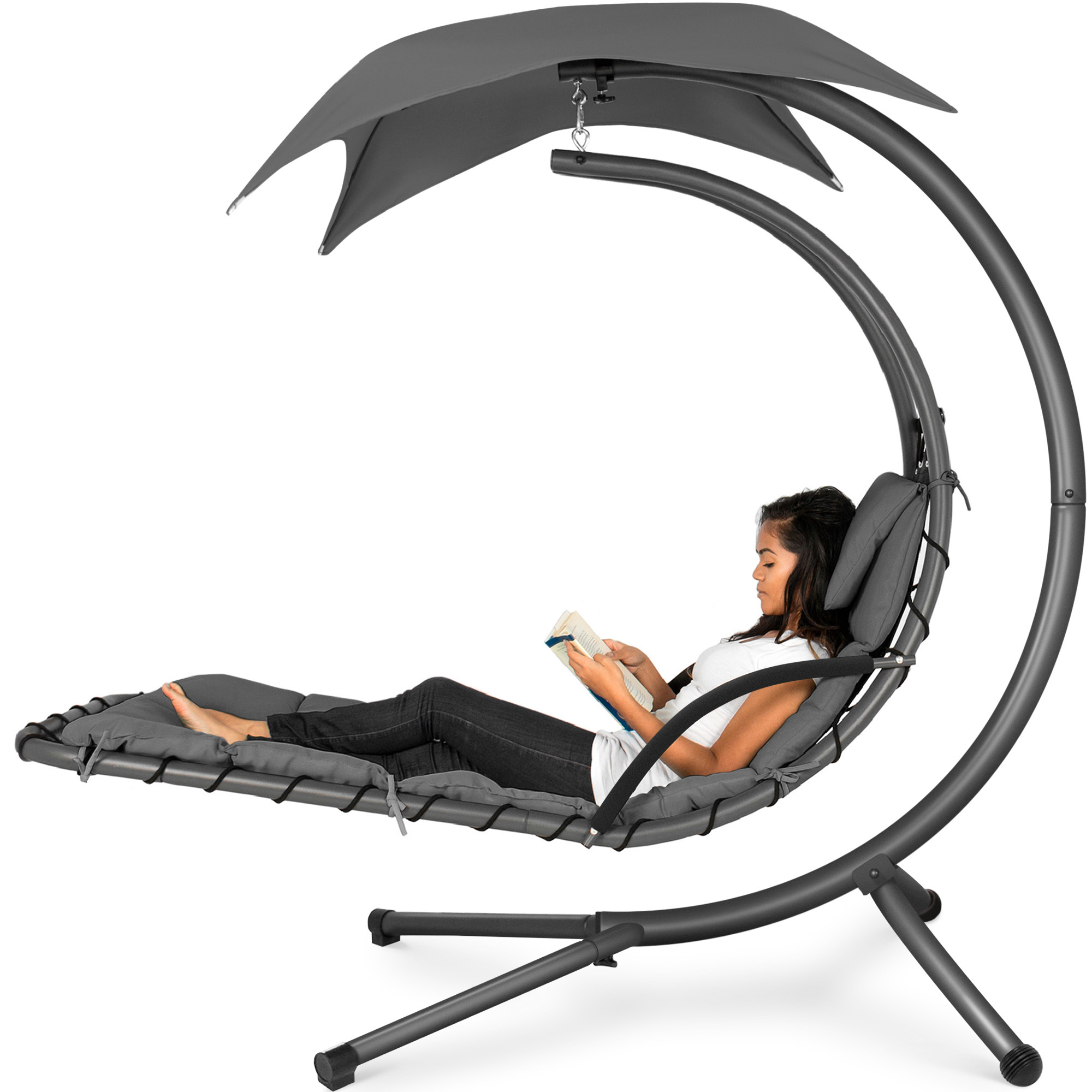 Hanging Curved Chaise Lounge Chair Swing For Backyard, Patio w/ Pillow, Canopy, Stand - Charcoal Gray - Best Choice Products Online