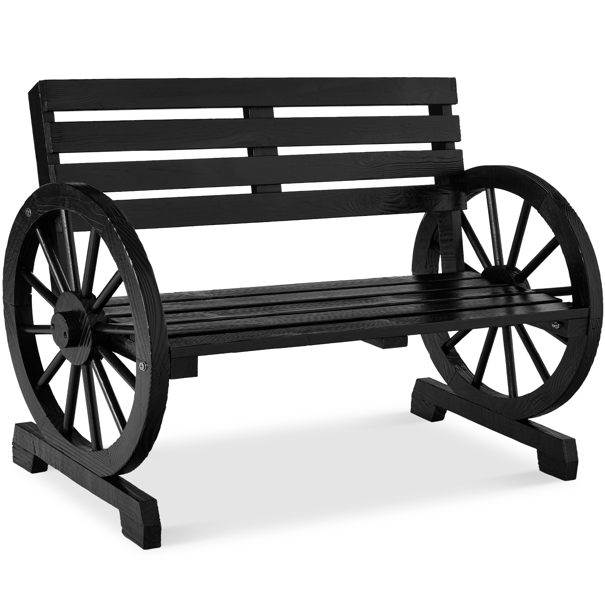 2-Person Wooden Wagon Wheel Bench for Patio, Garden, Outdoor Lounging w/ Rustic Design - Black - Best Choice Products Online
