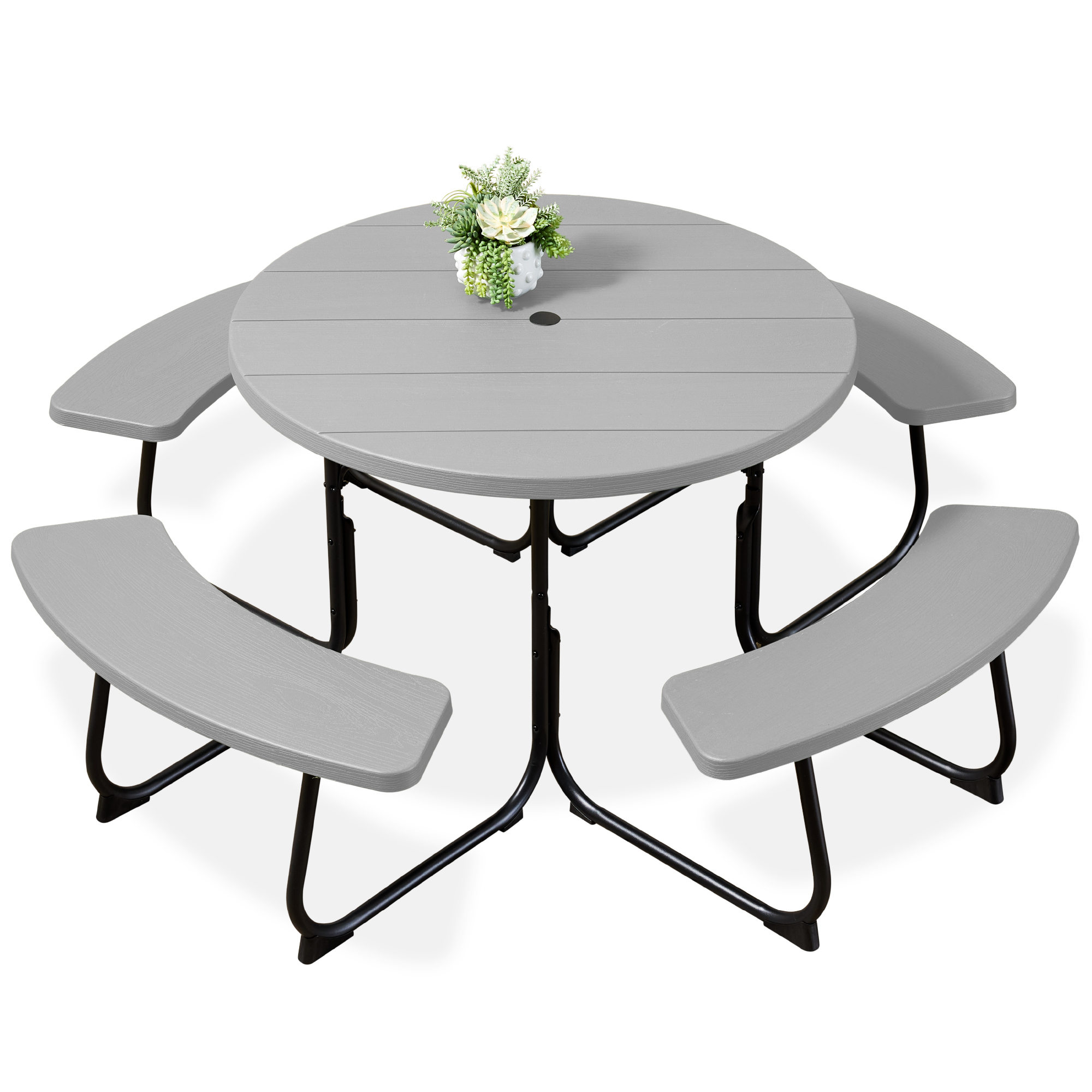 8-Person Circular Outdoor Picnic Table w/ 4 Benches, Umbrella Hole, 2000lb Capacity - Light Gray - Best Choice Products Online