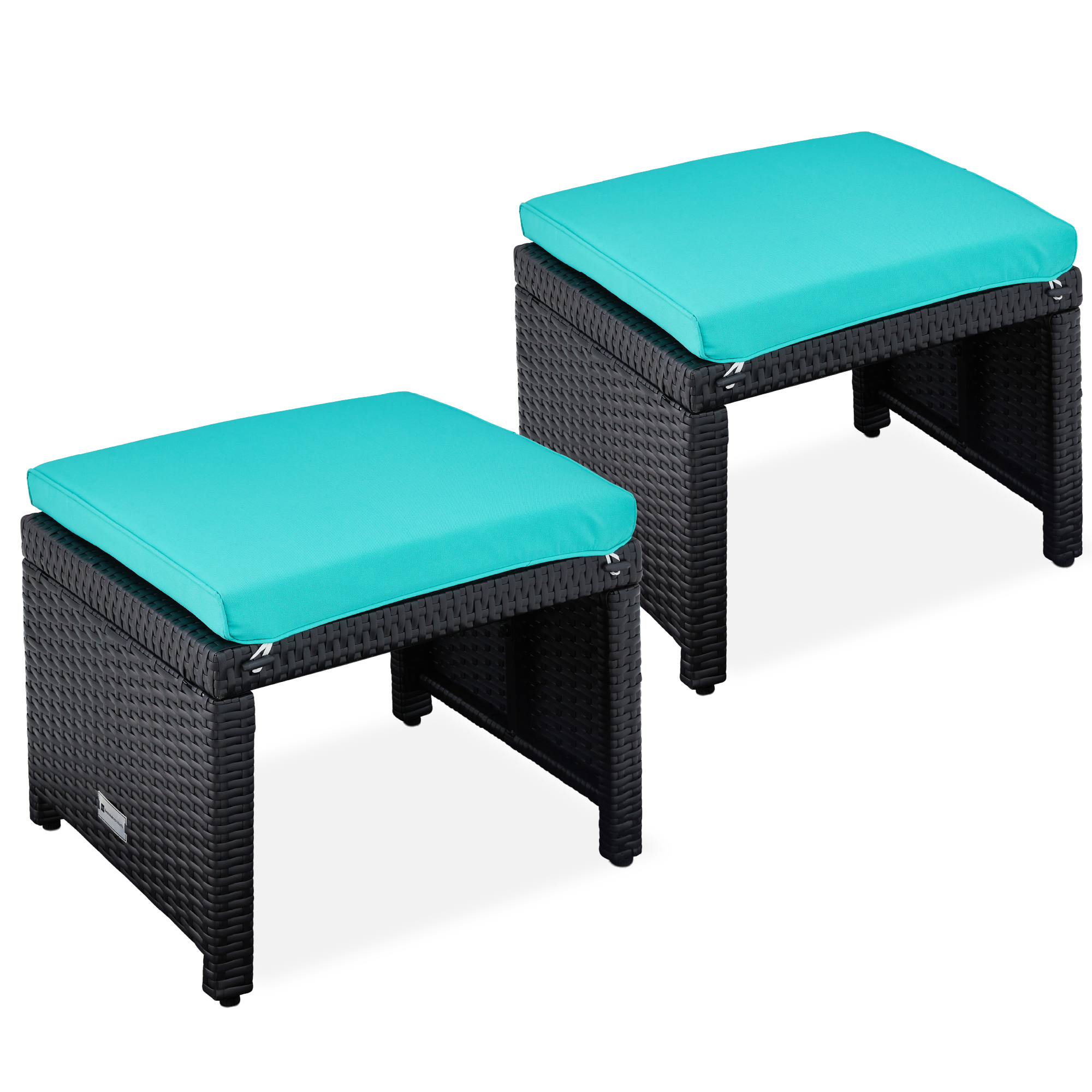 Multipurpose Patio Wicker Ottomans w/ Removable Cushions, Steel Frame, Set of 2 - Black/Teal - Best Choice Products Online