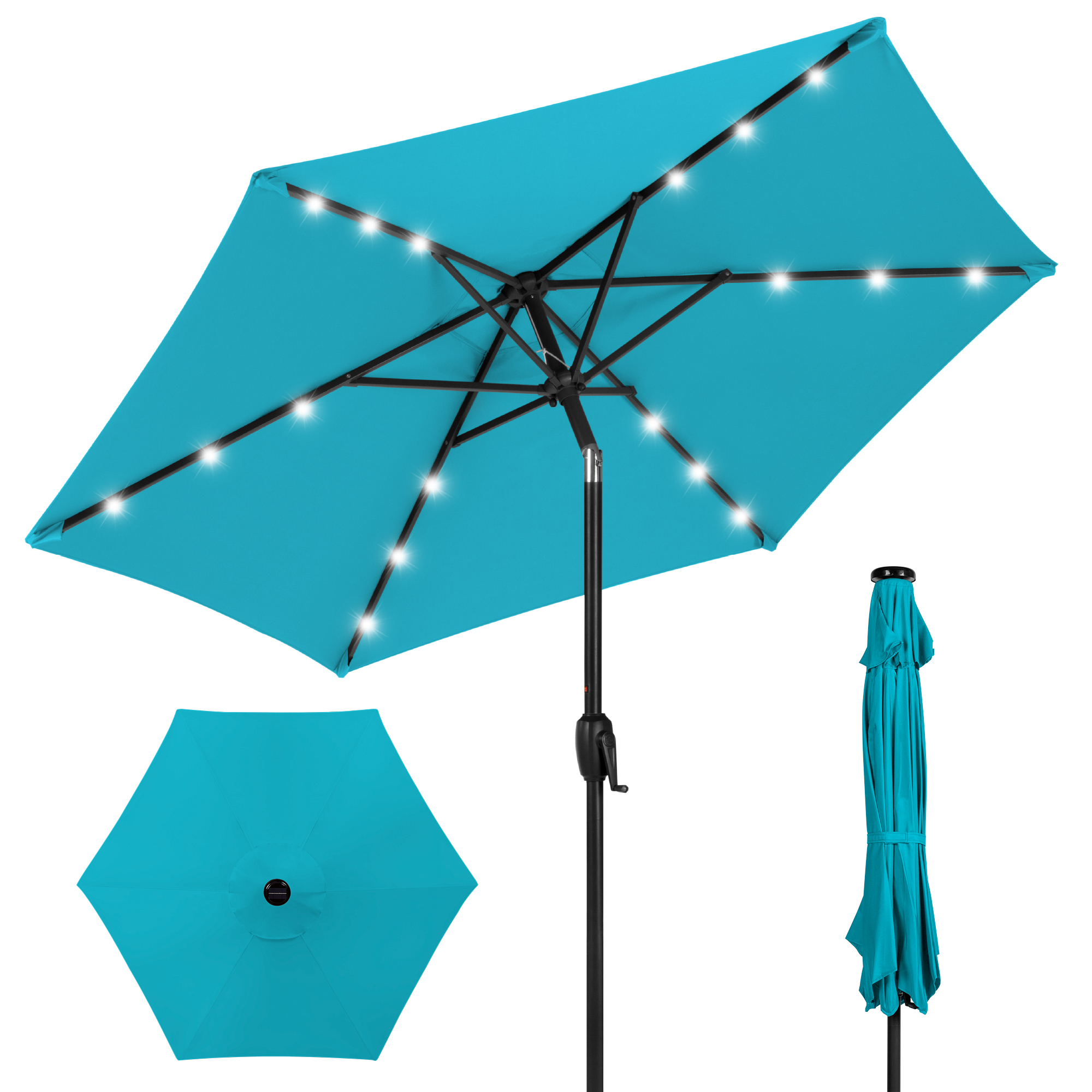 7.5ft Patio Umbrella w/ Solar LED Lights For Deck, Pool w/ Push Button Tilt & Easy Crank Lift - Sky Blue | Best Choice Products Online