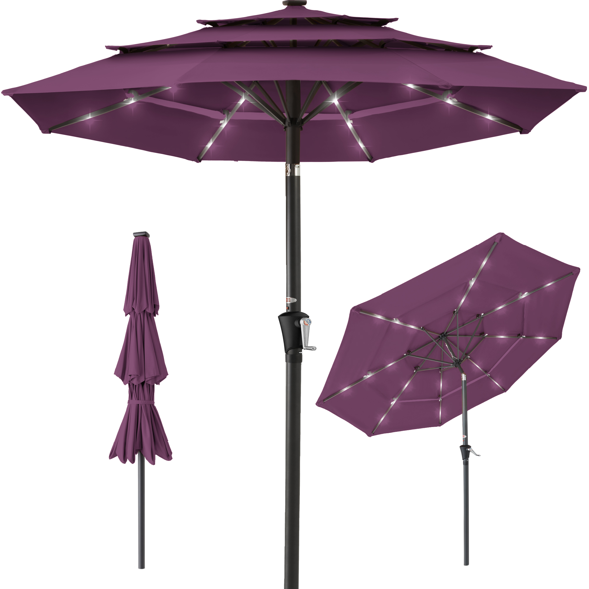 10ft 3-Tier Solar Patio Umbrella w/ 24 LED Lights, Tilt Adjustment, Easy Crank - Amethyst Purple - Best Choice Products Online