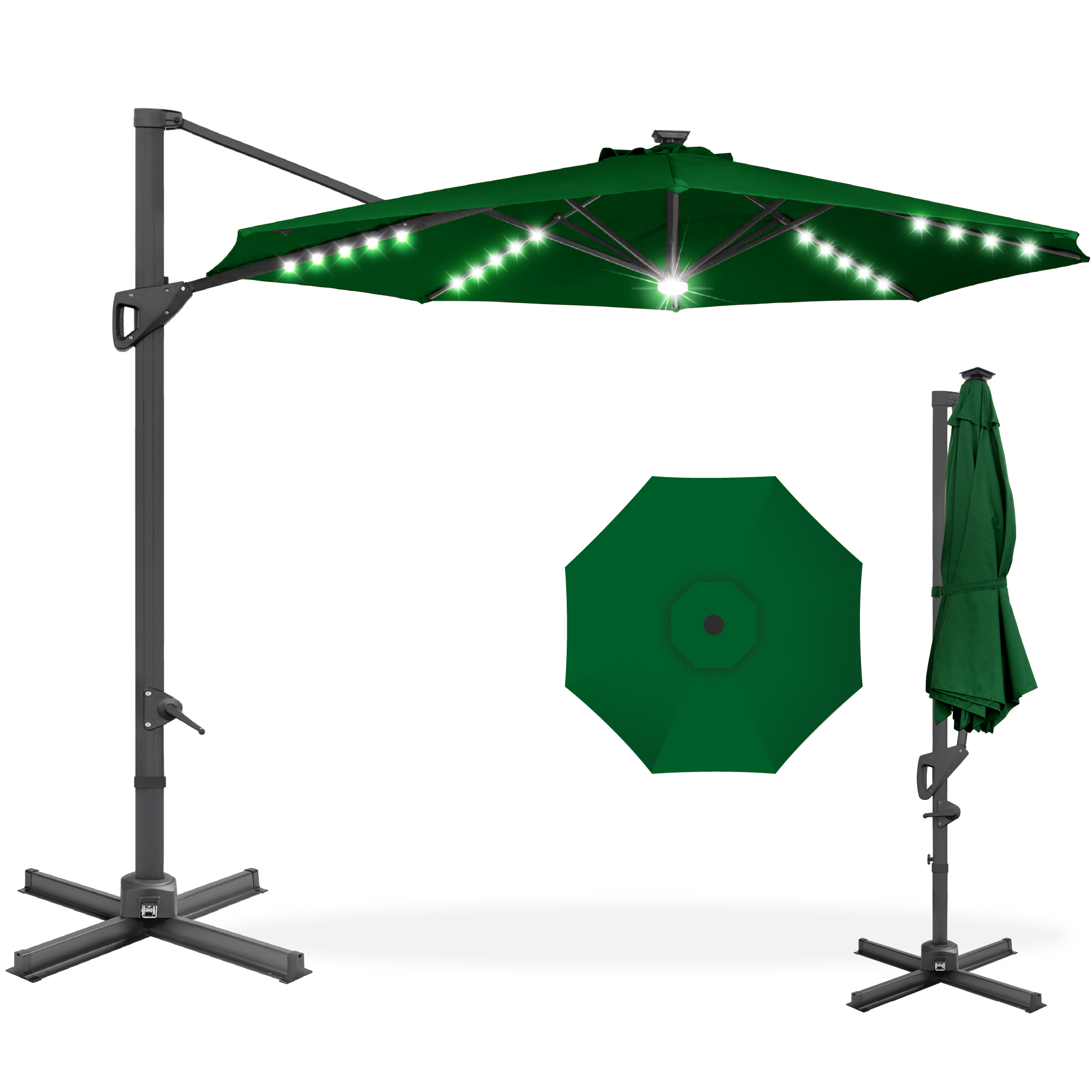 10ft Cantilever Offset Patio Umbrella w/ Solar LED Lighting, Track Tilt, 360° Rotation - Green - Best Choice Products Online