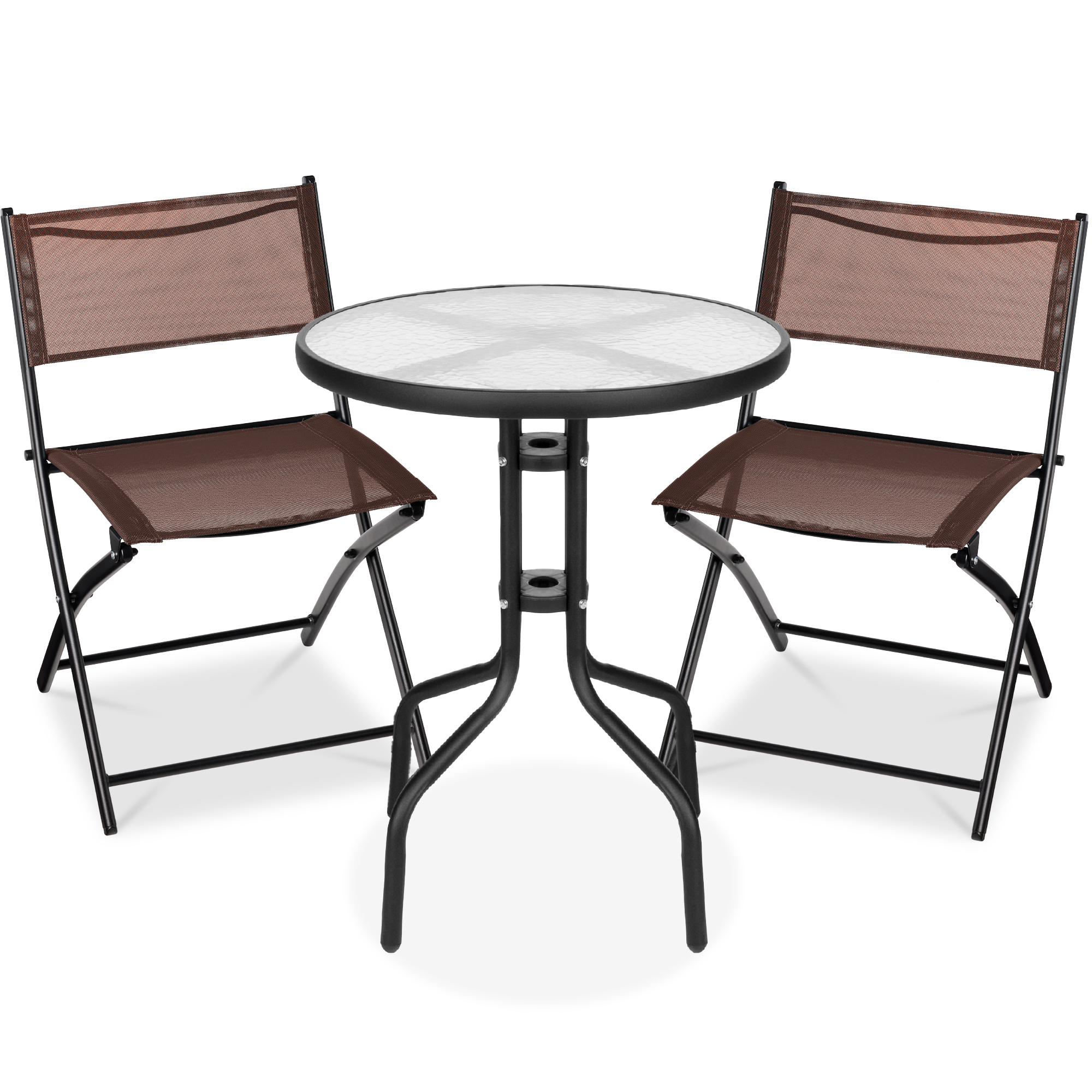 3-Piece Patio Bistro Dining Furniture Set w/ Glass Tabletop, Folding Chairs - Brown - Best Choice Products Online