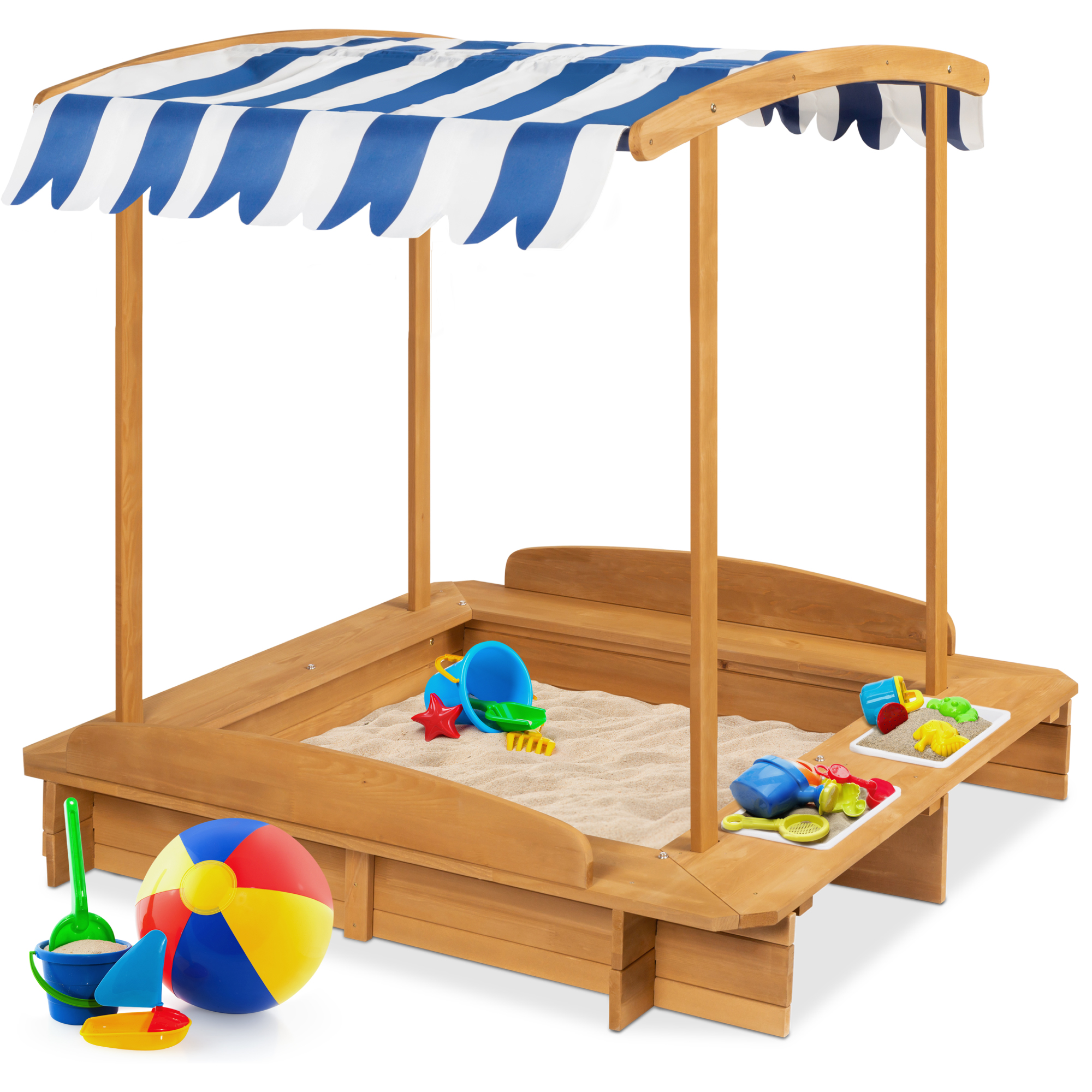 Wooden Cabana Sandbox For Kids w/ Bench Seats, UV-Resistant Canopy, Sandpit Cover, 2 Buckets - Best Choice Products Online