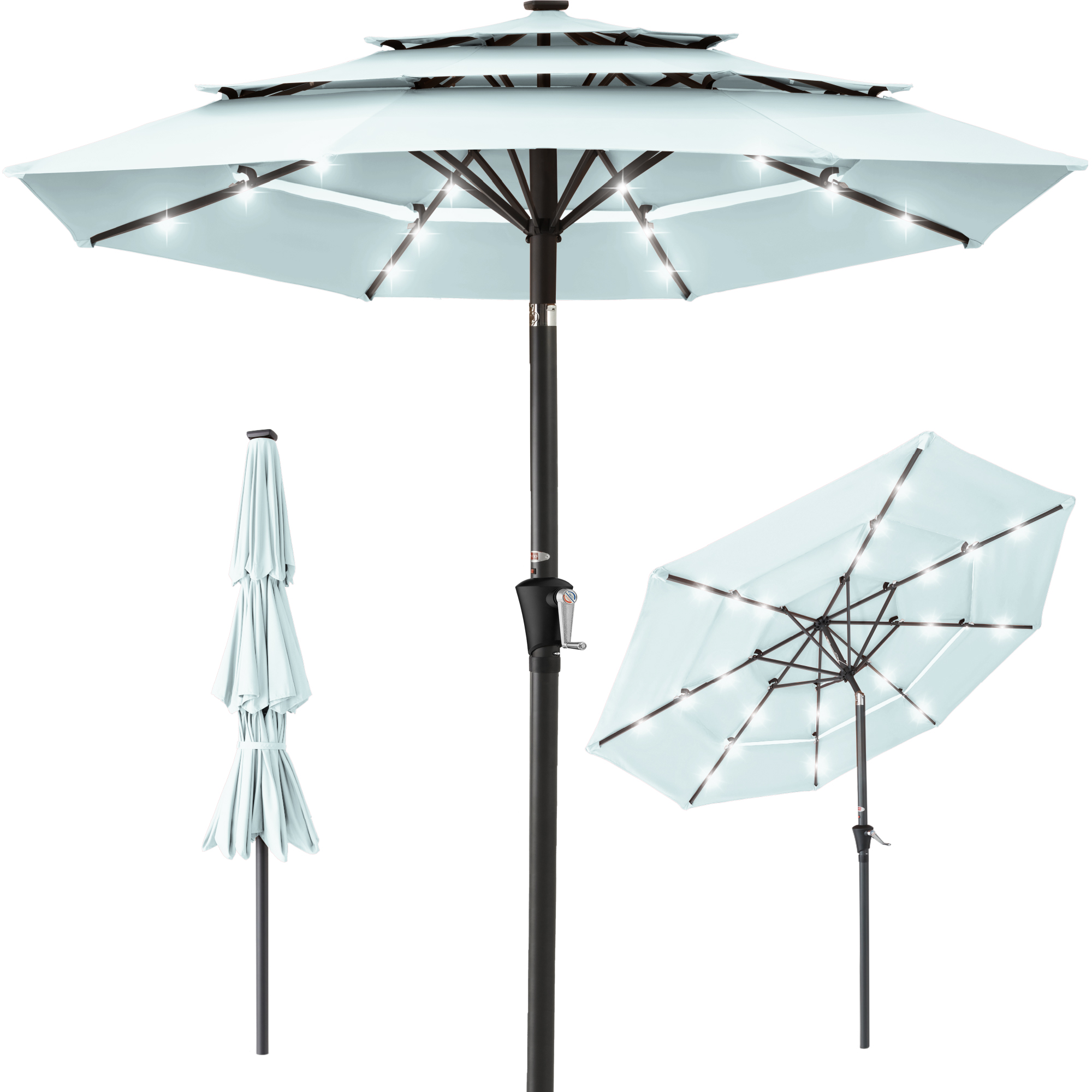 10ft 3-Tier Solar Patio Umbrella w/ 24 LED Lights, Tilt Adjustment, Easy Crank - Baby Blue - Best Choice Products Online