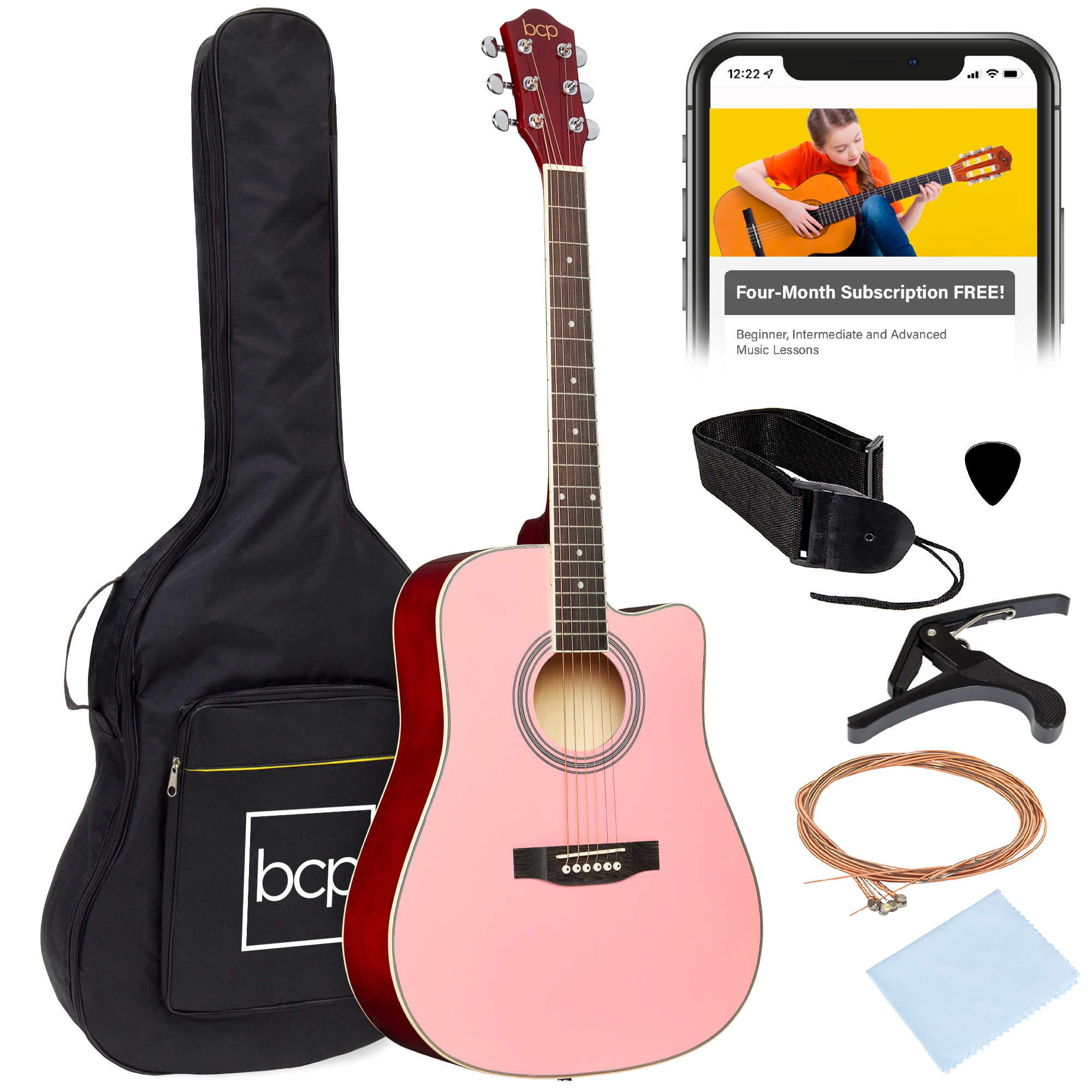 41in Full Size Beginner Acoustic Guitar Set w/ Case, Strap, Capo, Strings, Pick, Tuner - Pink - Best Choice Products Online
