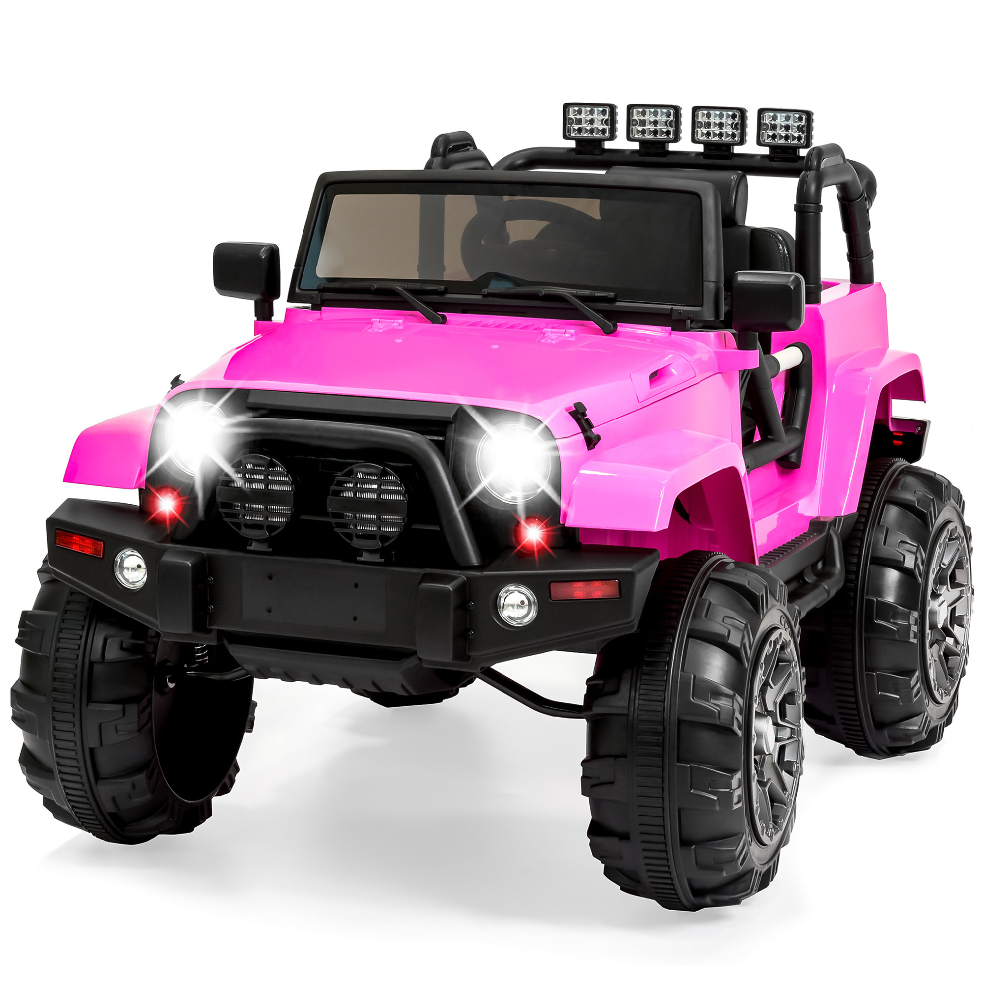 Large Ride On Truck 12V Electric Driving Car Toy For Kids w/ Parental Remote Control, Bluetooth, LED Lights - Pink - Best Choice Products