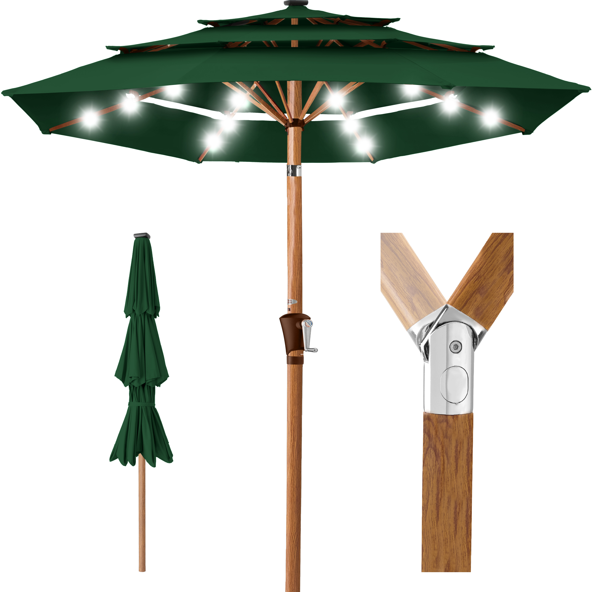 10ft Woodgrain Pattern 3-Tier Solar Patio Umbrella w/ 24 LED Lights, Tilt - Green - Best Choice Products Online