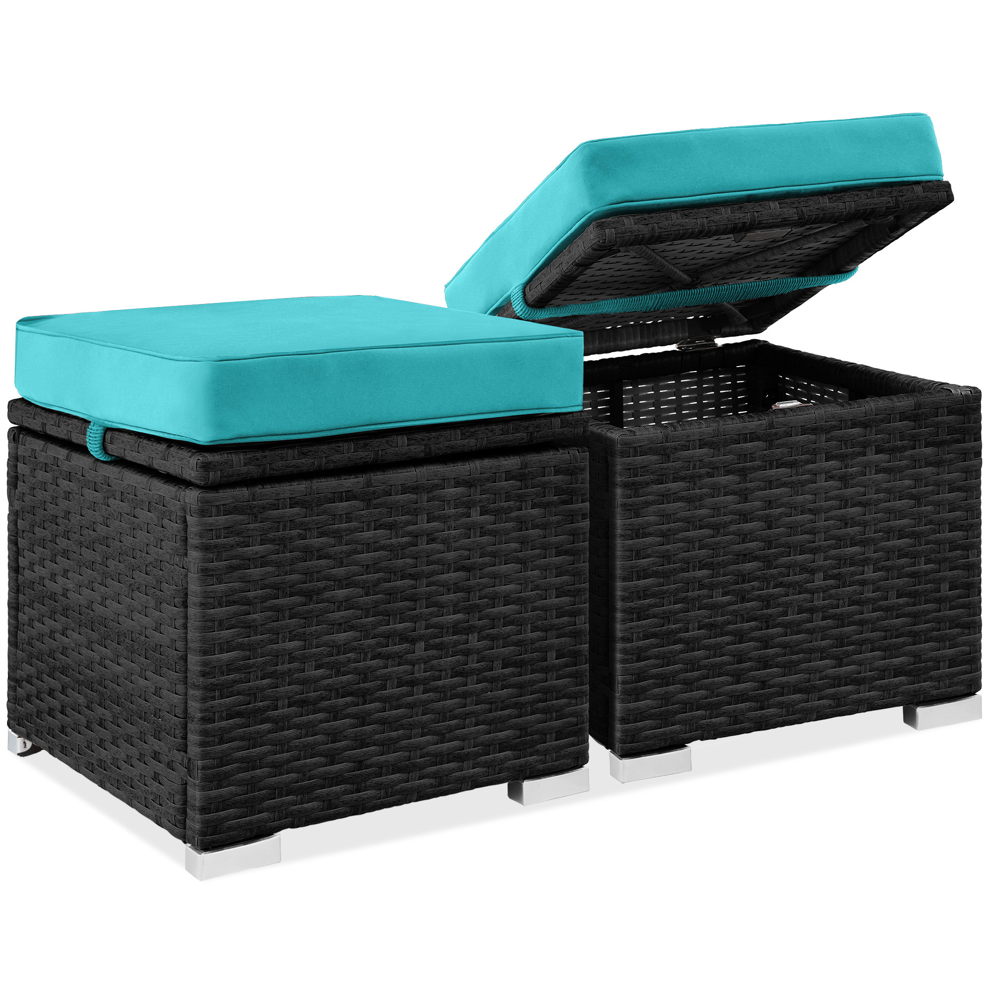 2 Wicker Ottomans, Multipurpose Storage Furniture w/ Removable Cushions, Steel Frame - Black/Teal - Best Choice Products Online