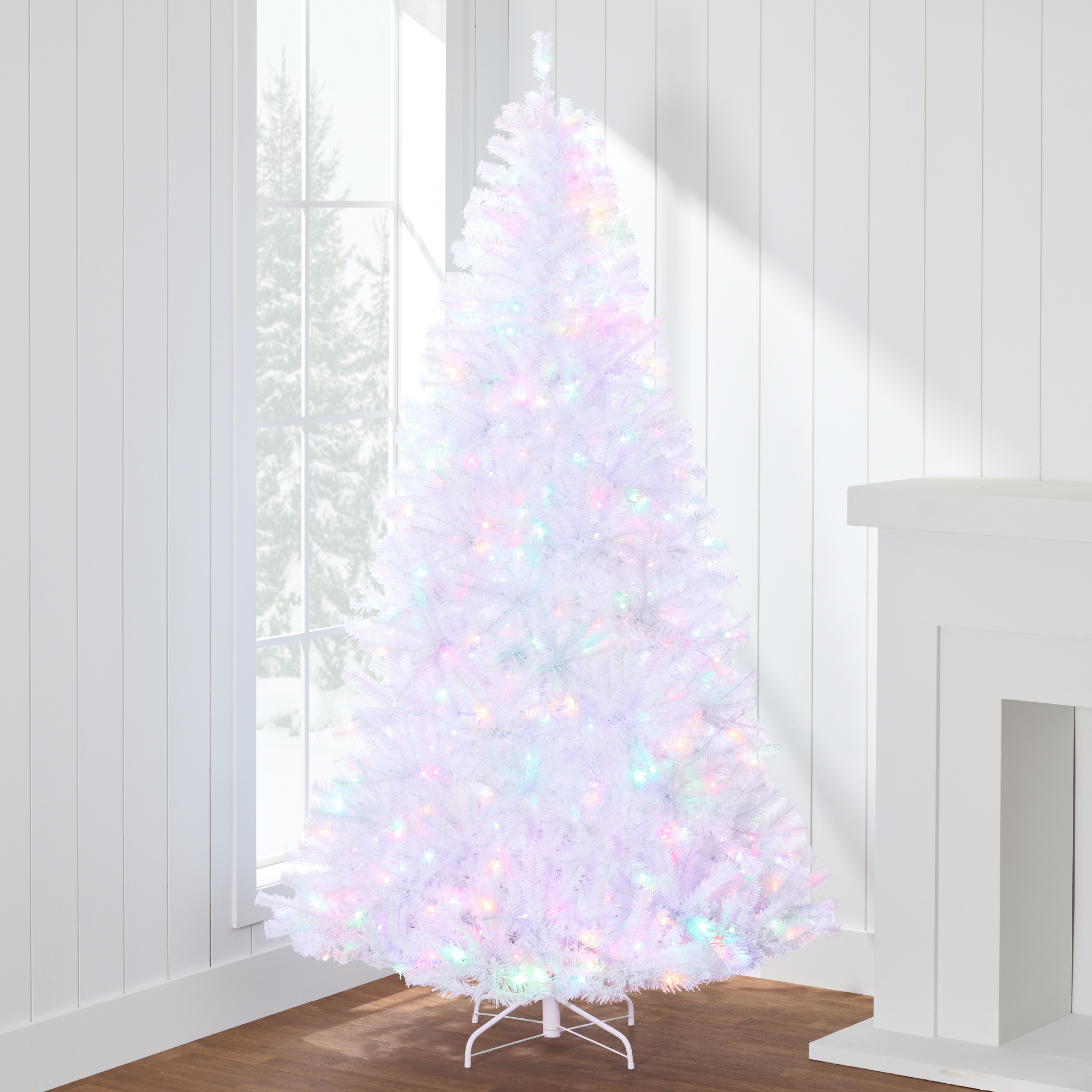 4.5ft Pre-Lit Premium Hinged Artificial White Christmas Pine Tree w/ 200 Multicolor Lights, Stand - Best Choice Products Online