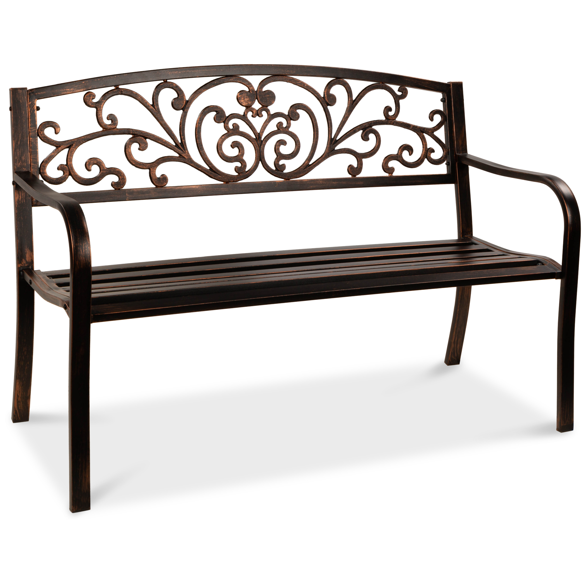 50in Outdoor Patio Garden Bench, Park Yard Furniture Porch Chair w/ Steel Frame, Slatted Seat, Floral Design - Brown - Best Choice Products