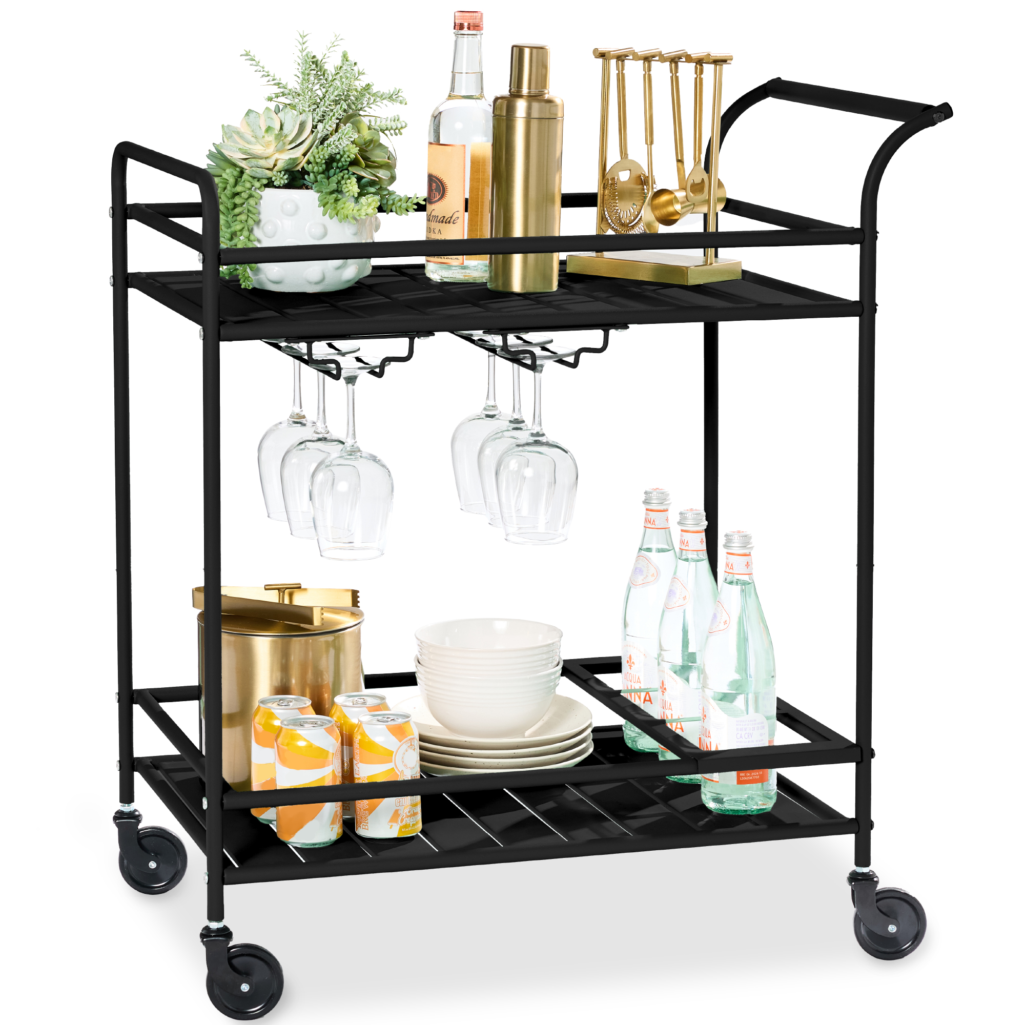 2-Tier Rolling Bar Cart Indoor/Outdoor w/ Storage Shelves, Wine Rack, Lockable Wheels - Black - Best Choice Products Online