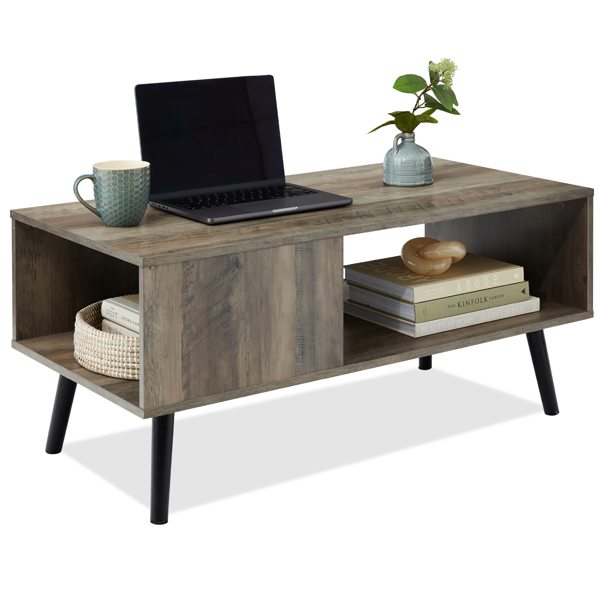 Coffee Accent Table & Versatile Entertainment Center, Wooden Mid-Century Modern Design w/ Open Storage Shelf - Gray Oak - Best Choice Products