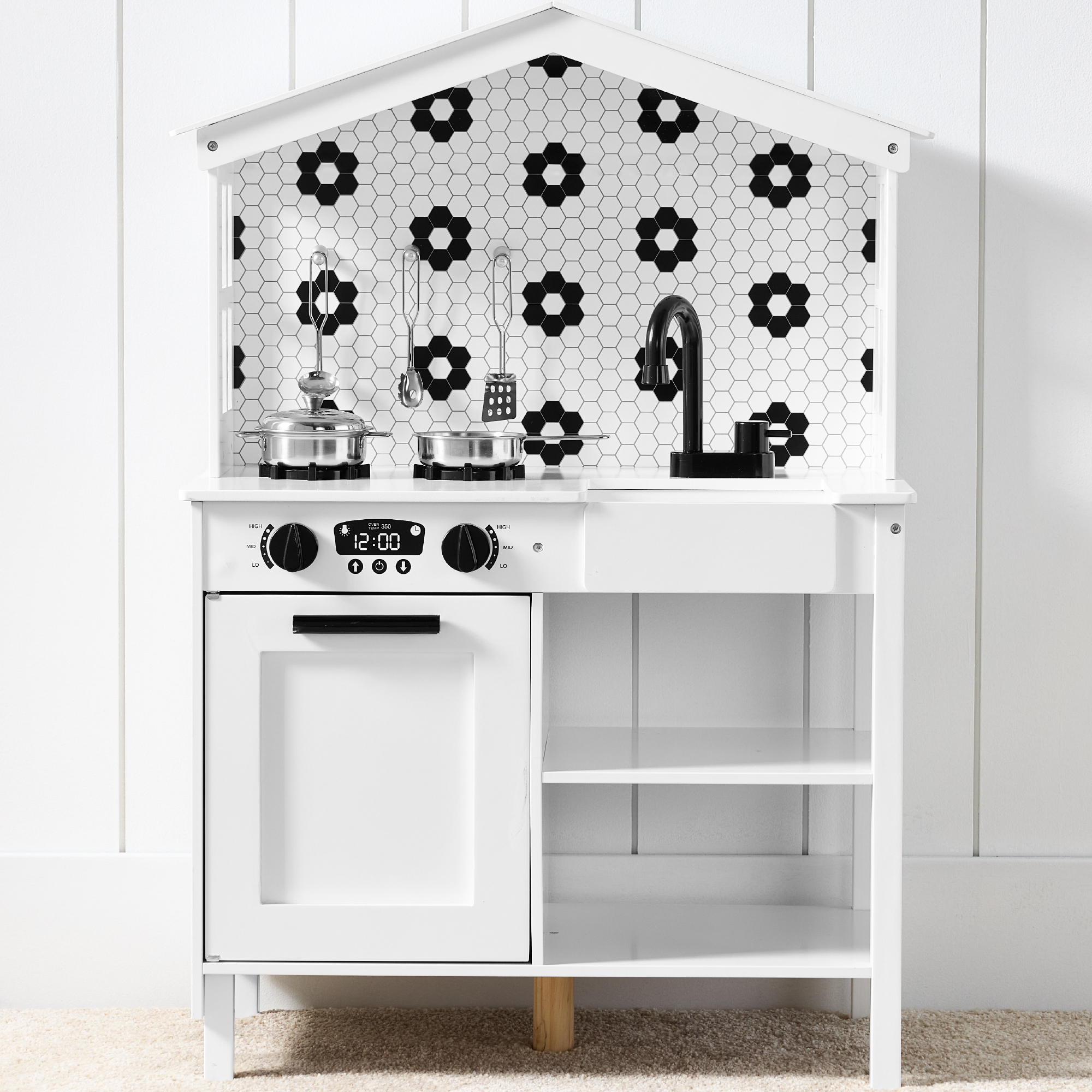 Farmhouse Wooden Play Kitchen Toy Set For Kids w/ Chalkboard, Storage Shelves, 5 Accessories - White/Black - Best Choice Products Online