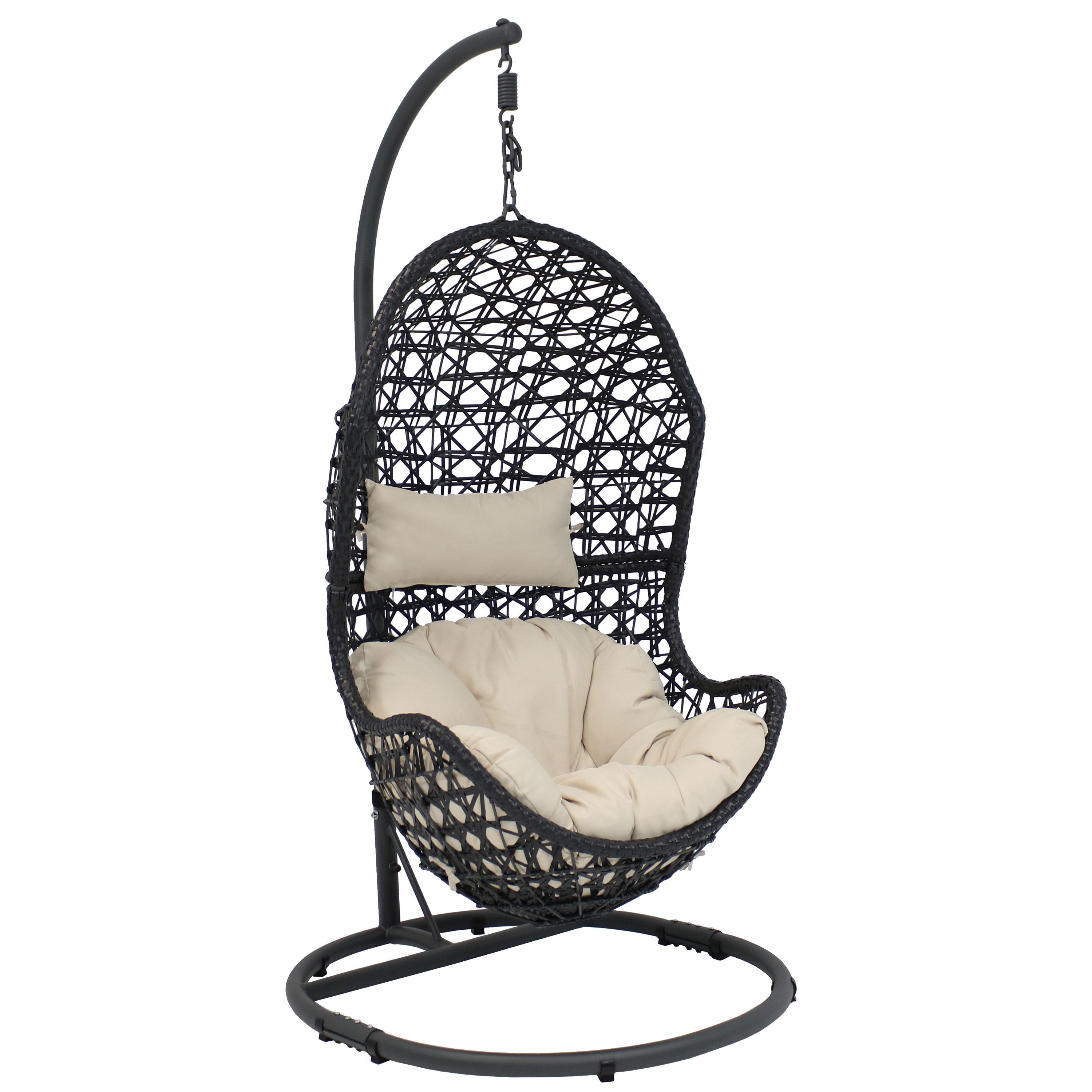 Sunnydaze Cordelia Hanging Egg Chair with Steel Stand Set, Resin Wicker, Large Basket Design, Outdoor Use, Includes Cushion, Beige