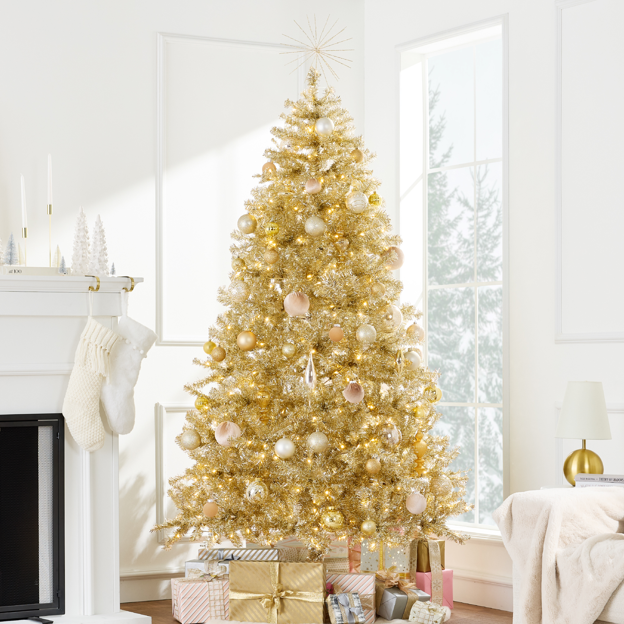 9ft Pre-Lit Artificial Tinsel Christmas Tree Festive Holiday Decoration w/ 2,097 Tips - Gold - Best Choice Products Online