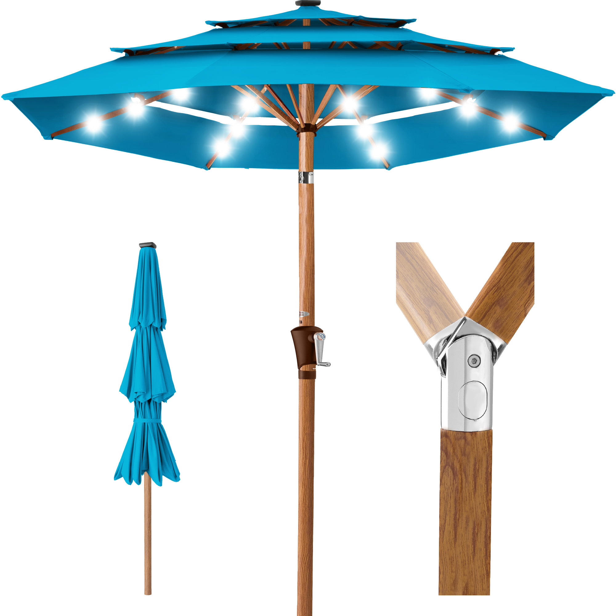 10ft Woodgrain Pattern 3-Tier Solar Patio Umbrella w/ 24 LED Lights, Tilt - Sky Blue - Best Choice Products Online