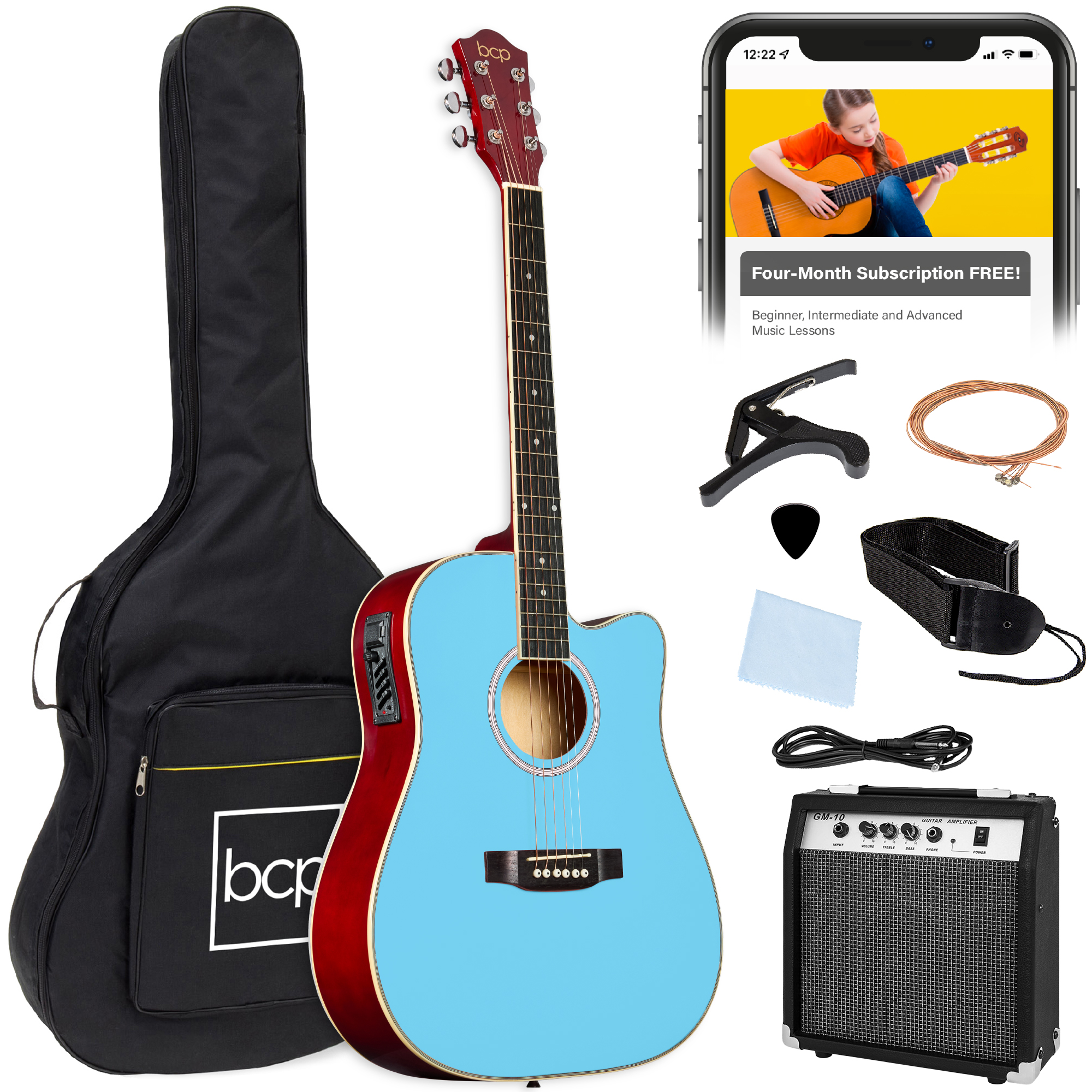 Beginner Acoustic Electric Guitar Starter Set 41in w/ Wood Cutaway Design, Gig Bag - Light Blue - Best Choice Products Online