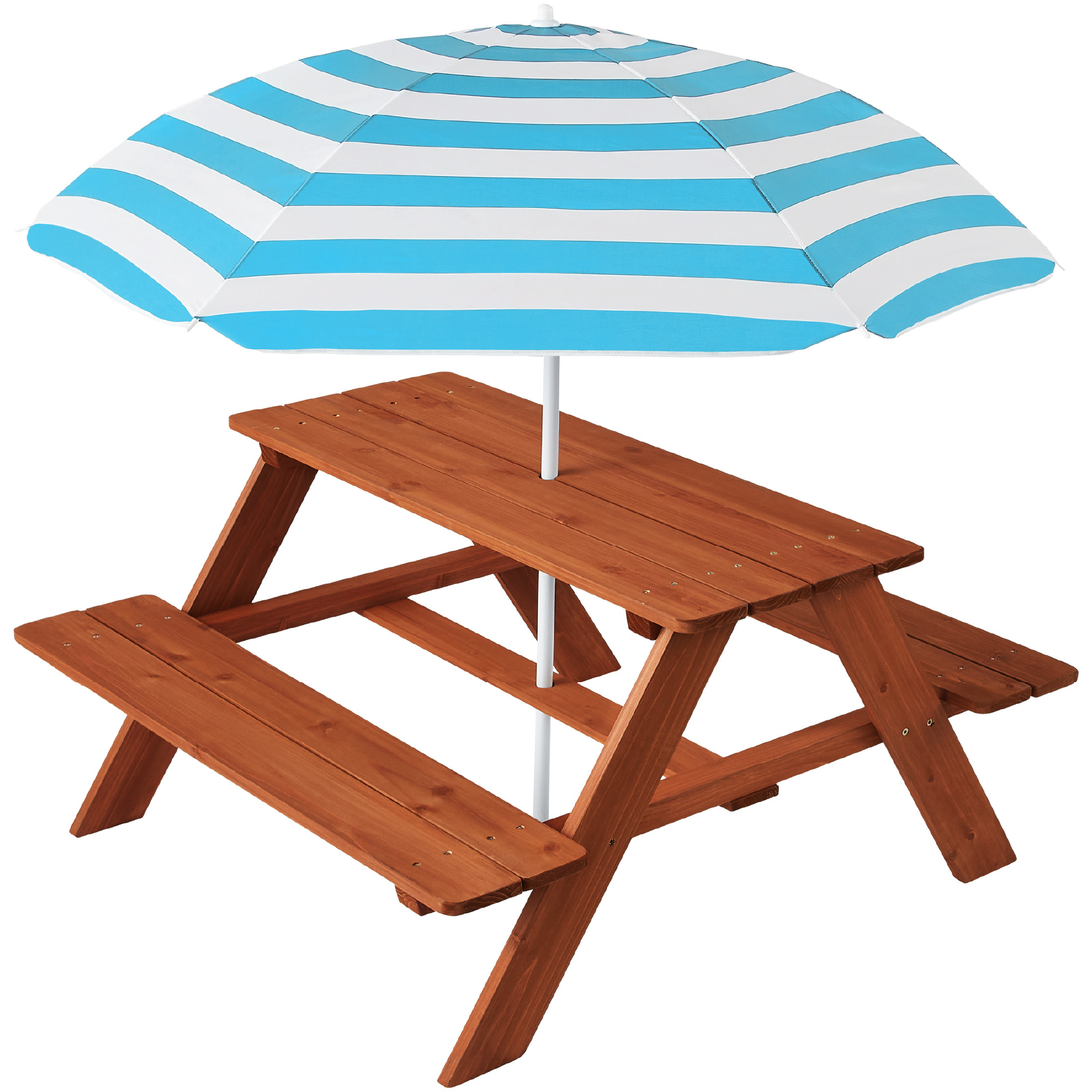Kids Wooden Picnic Table, Outdoor Activity Table & Bench w/ Adjustable Umbrella - Golden Brown/Aqua - Best Choice Products Online
