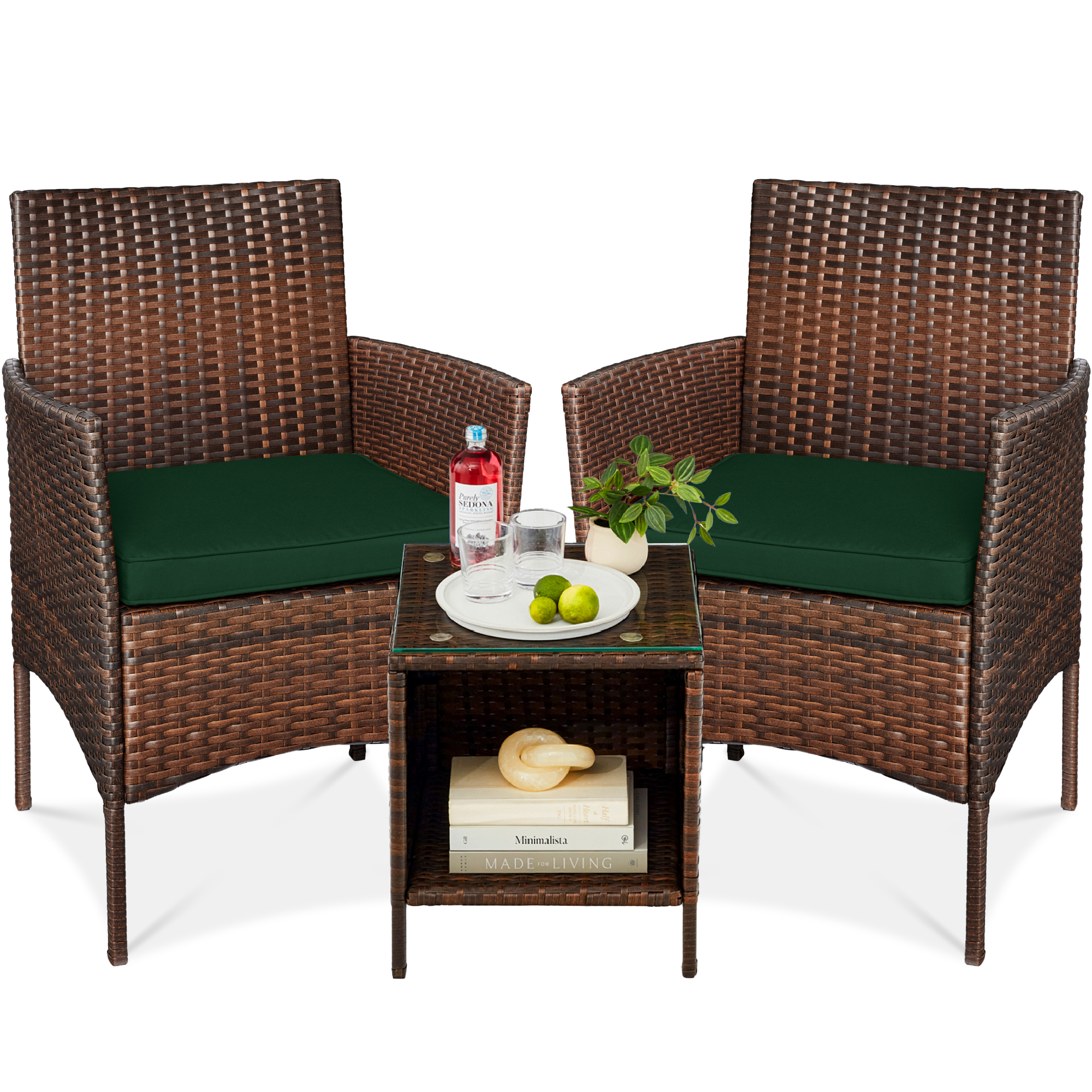 3-Piece Outdoor Wicker Conversation Bistro Set, Patio Chat Furniture w/ Side Storage Table - Brown/Midnight Green - Best Choice Products Online