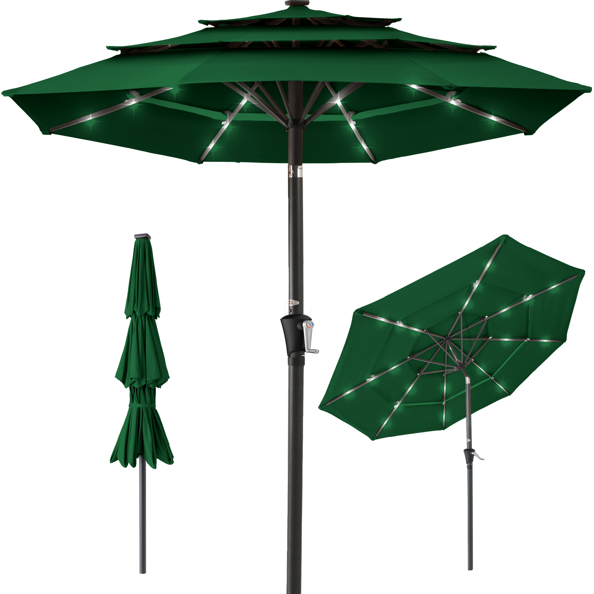 10ft 3-Tier Solar Patio Umbrella w/ 24 LED Lights, Tilt Adjustment, Easy Crank - Green - Best Choice Products Online
