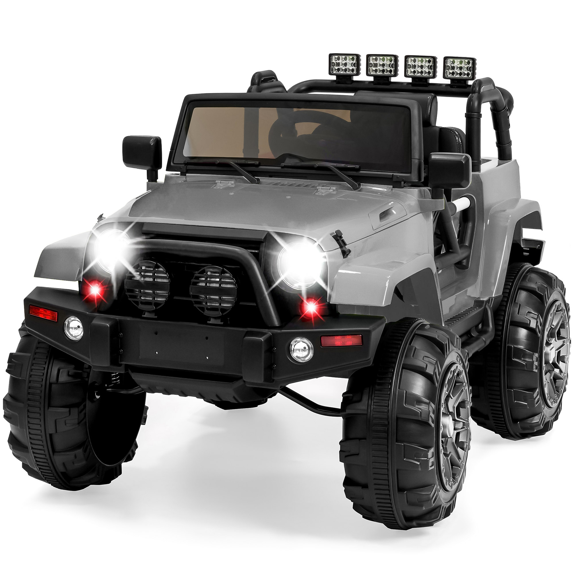 Large Ride On Truck 12V Electric Driving Car Toy For Kids w/ Parental Remote Control, Bluetooth, LED Lights - Light Gray - Best Choice Products