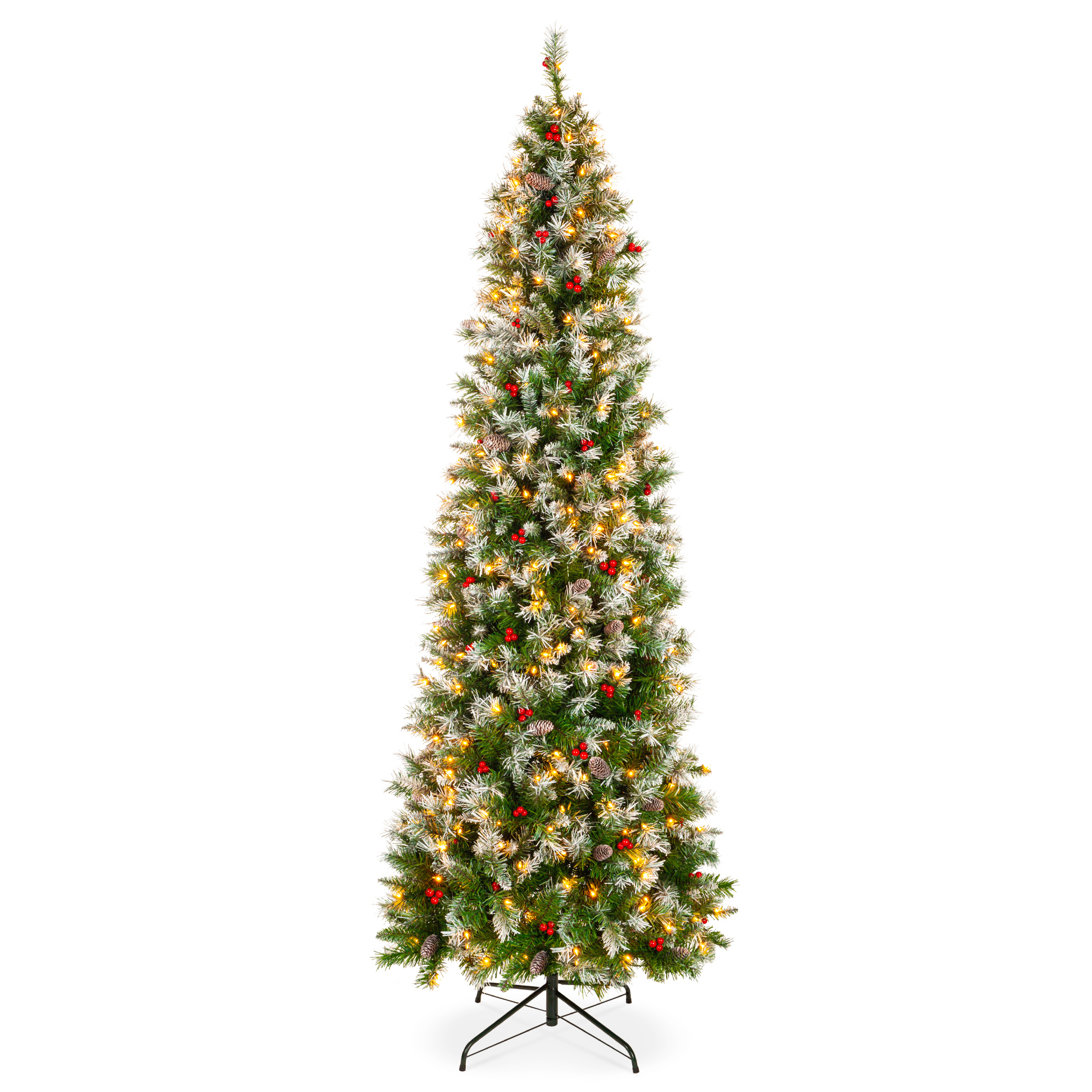 Pre-Lit Partially Flocked Artificial Spruce Pencil Tree 12ft w/ Berries, Pine Cones, 1,818 Flocked Tips, 700 Lights, Base - Best Choice Products