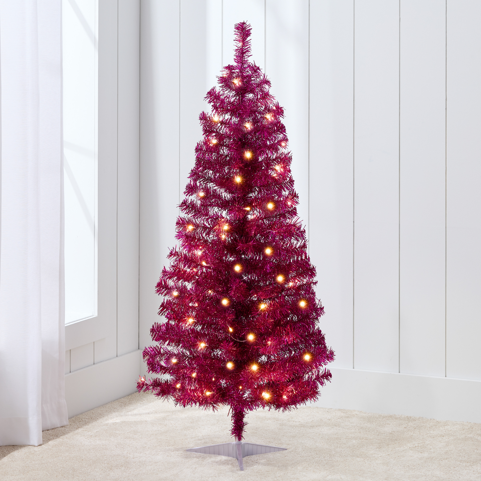 4ft Pre-Lit Magenta Tinsel Christmas Tree, Artificial Tree Holiday Decor w/ LED Lights - Best Choice Products Online