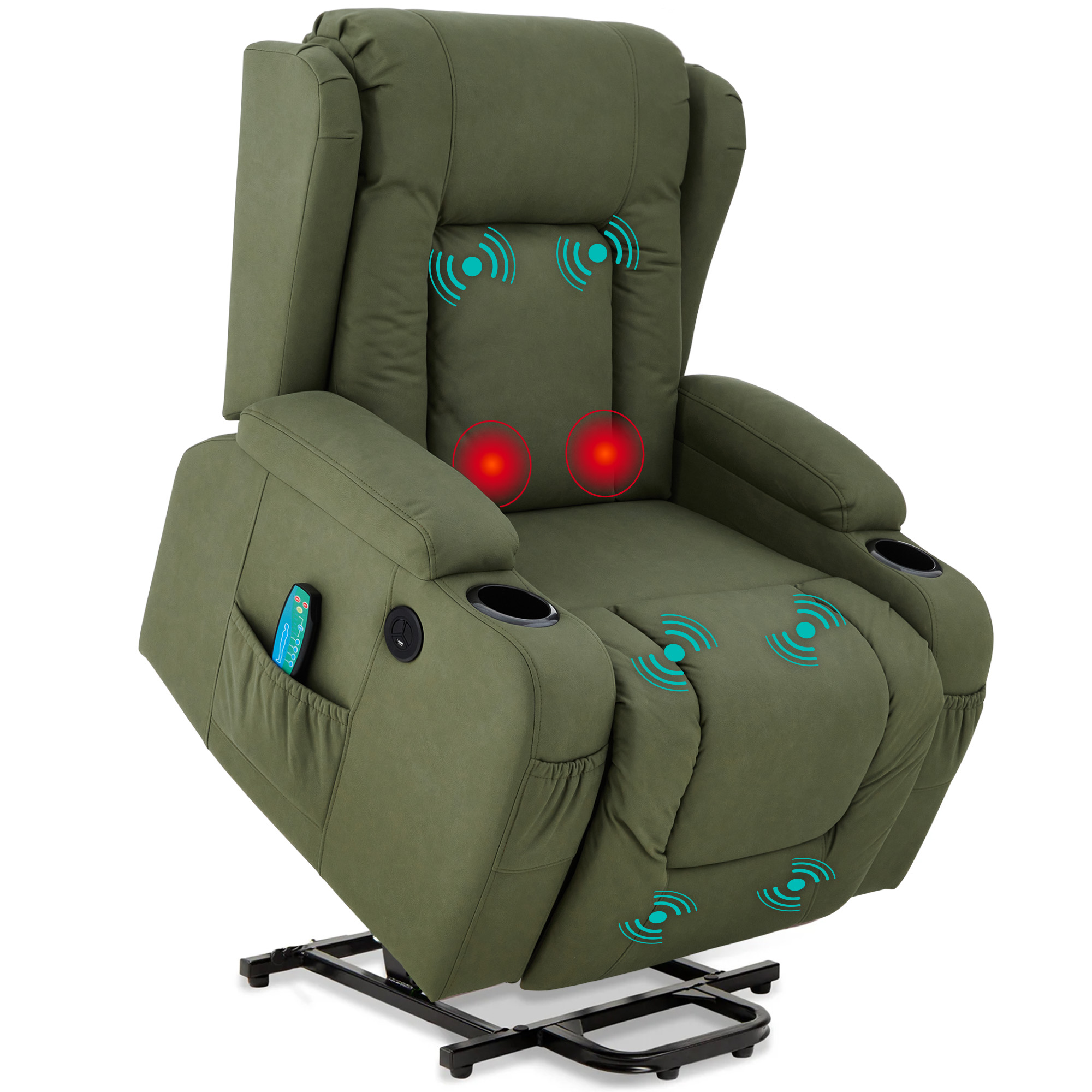 Power Lift Recliner Massage Chair Furniture w/ USB Port, Heat, Cupholders - Olive - Best Choice Products Online
