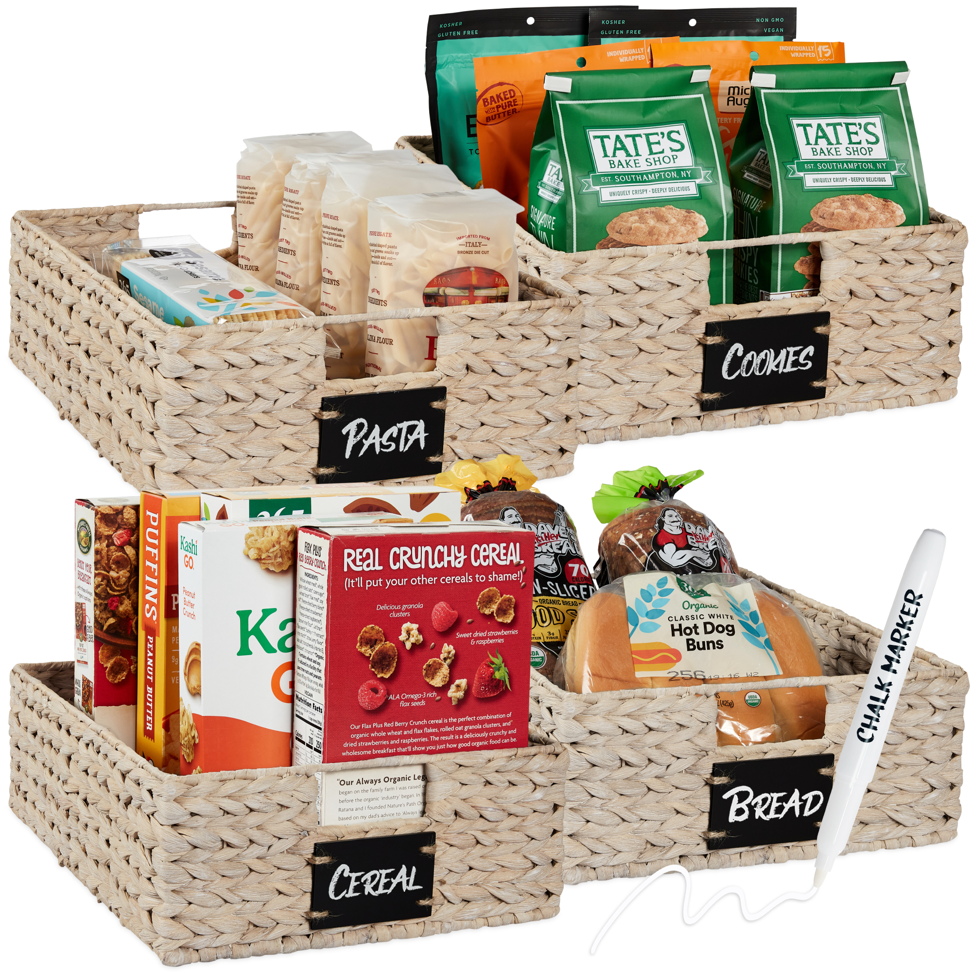 4 Woven Water Hyacinth Pantry Baskets w/ Chalkboard Label, Chalk Marker, 16x12in - White - Best Choice Products Online