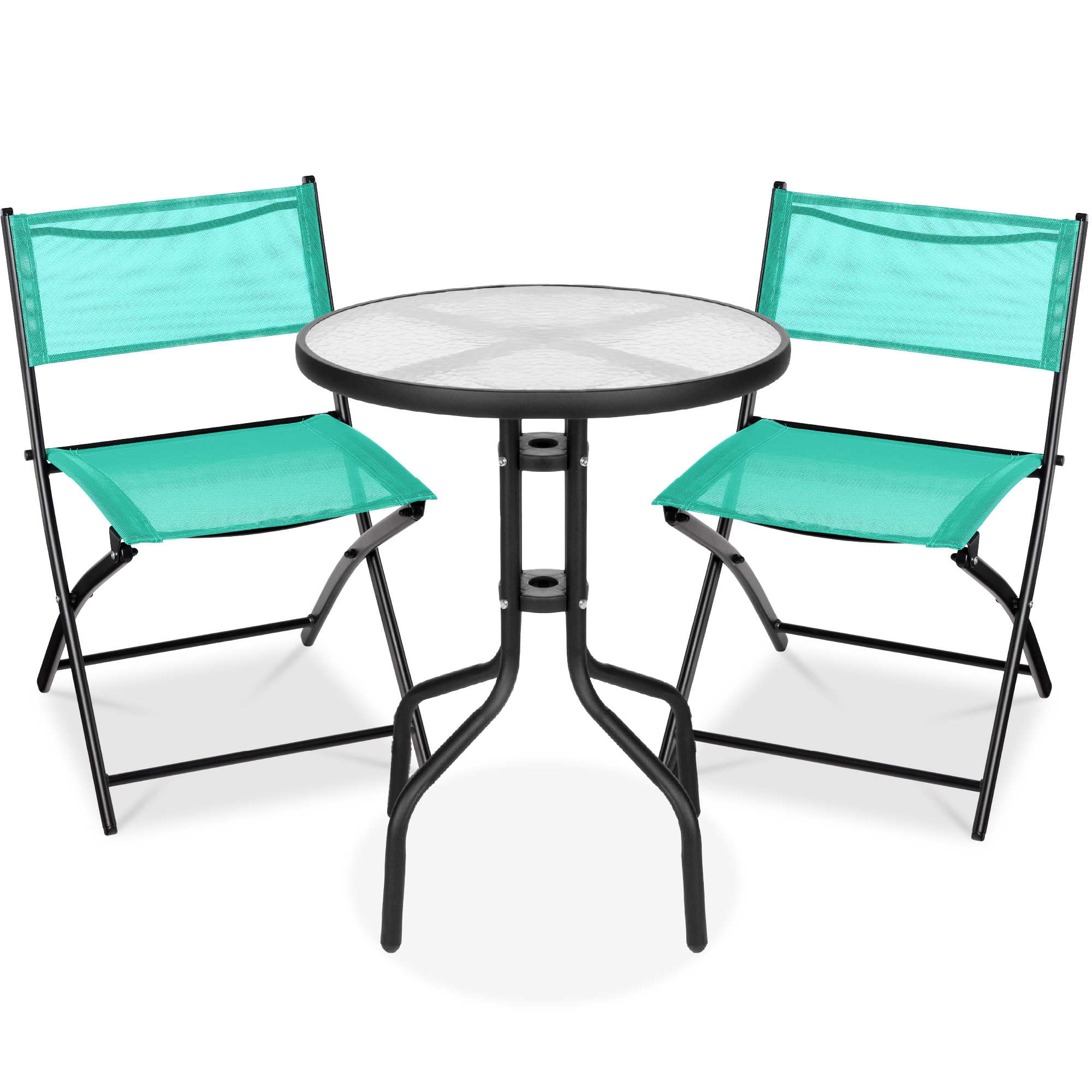 3-Piece Patio Bistro Dining Furniture Set w/ Glass Tabletop, Folding Chairs - Mint - Best Choice Products Online