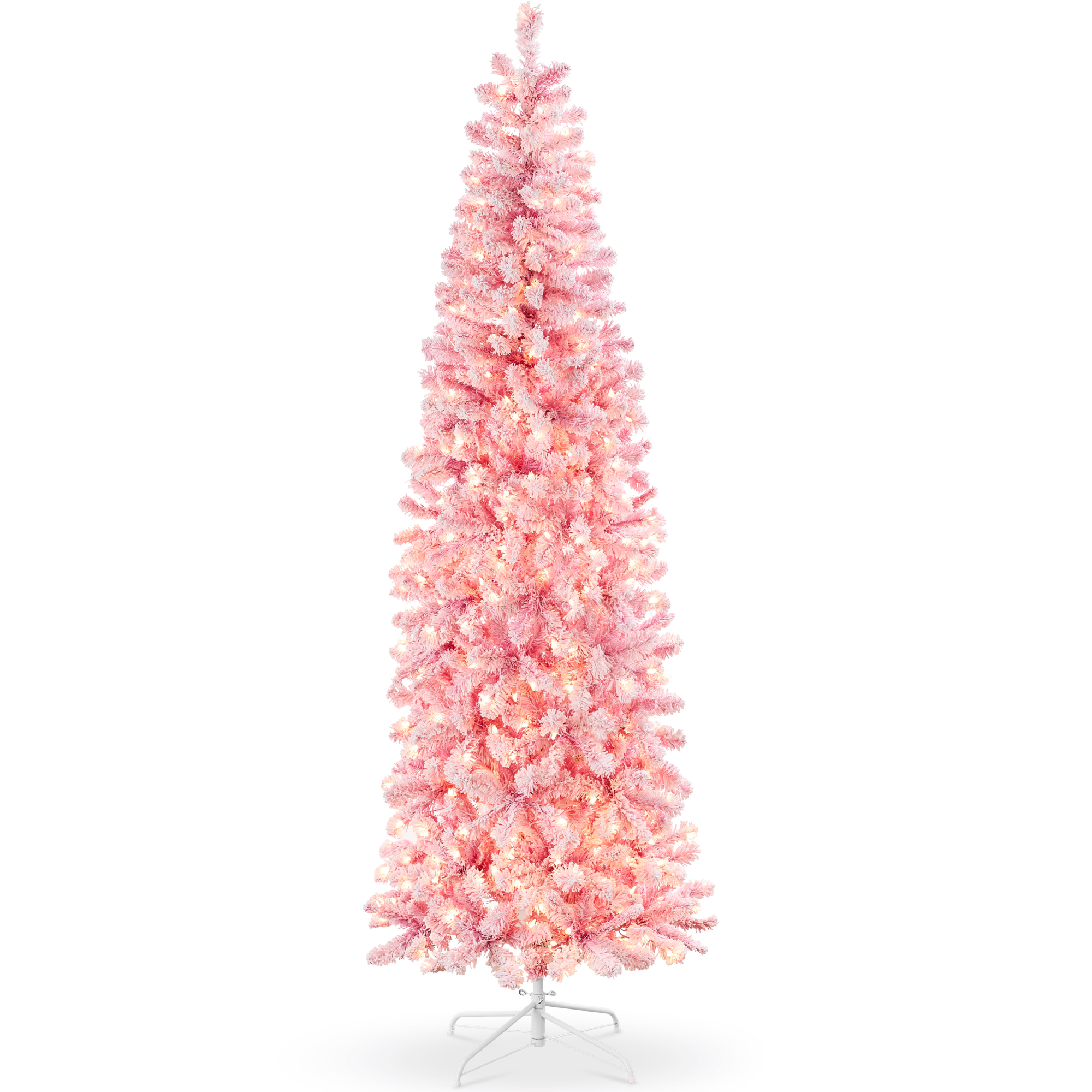 9ft Pink Pre-Lit Artificial Snow Flocked Pencil Christmas Tree Holiday Decoration w/ 500 Lights - Best Choice Products Online