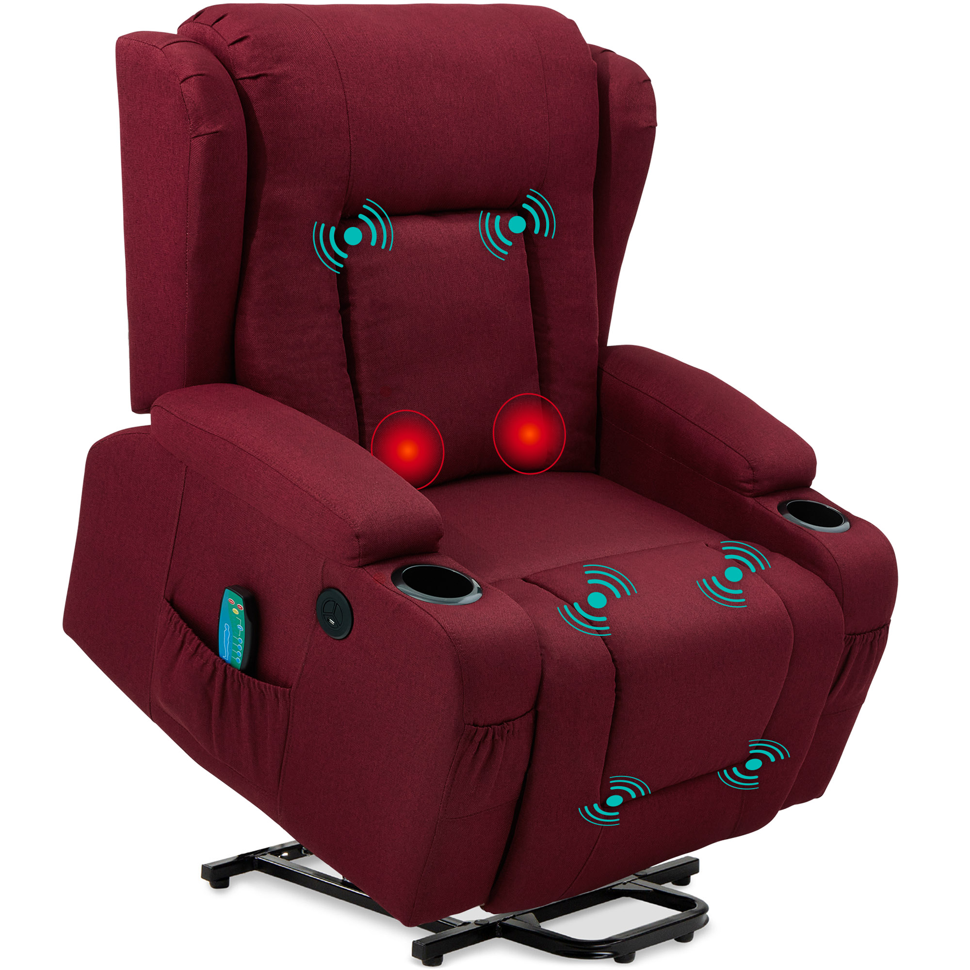 Electric Power Lift Linen Recliner Massage Chair Furniture w/ USB Port, Heat, Cupholders - Burgundy - Best Choice Products Online
