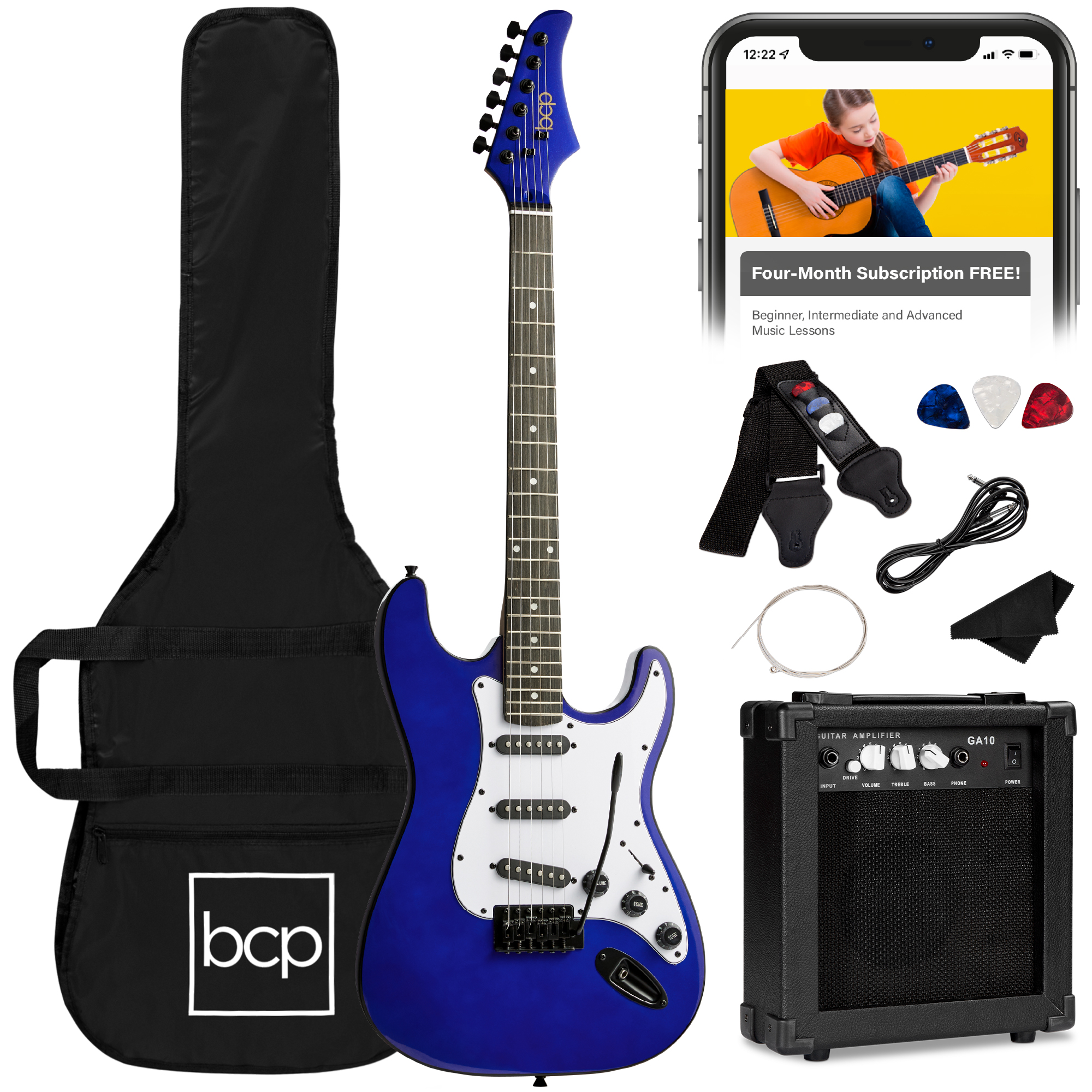 39in Full Size Beginner Electric Guitar Kit w/ Case, Strap, Amp, Whammy Bar - Metallic Blue - Best Choice Products Online