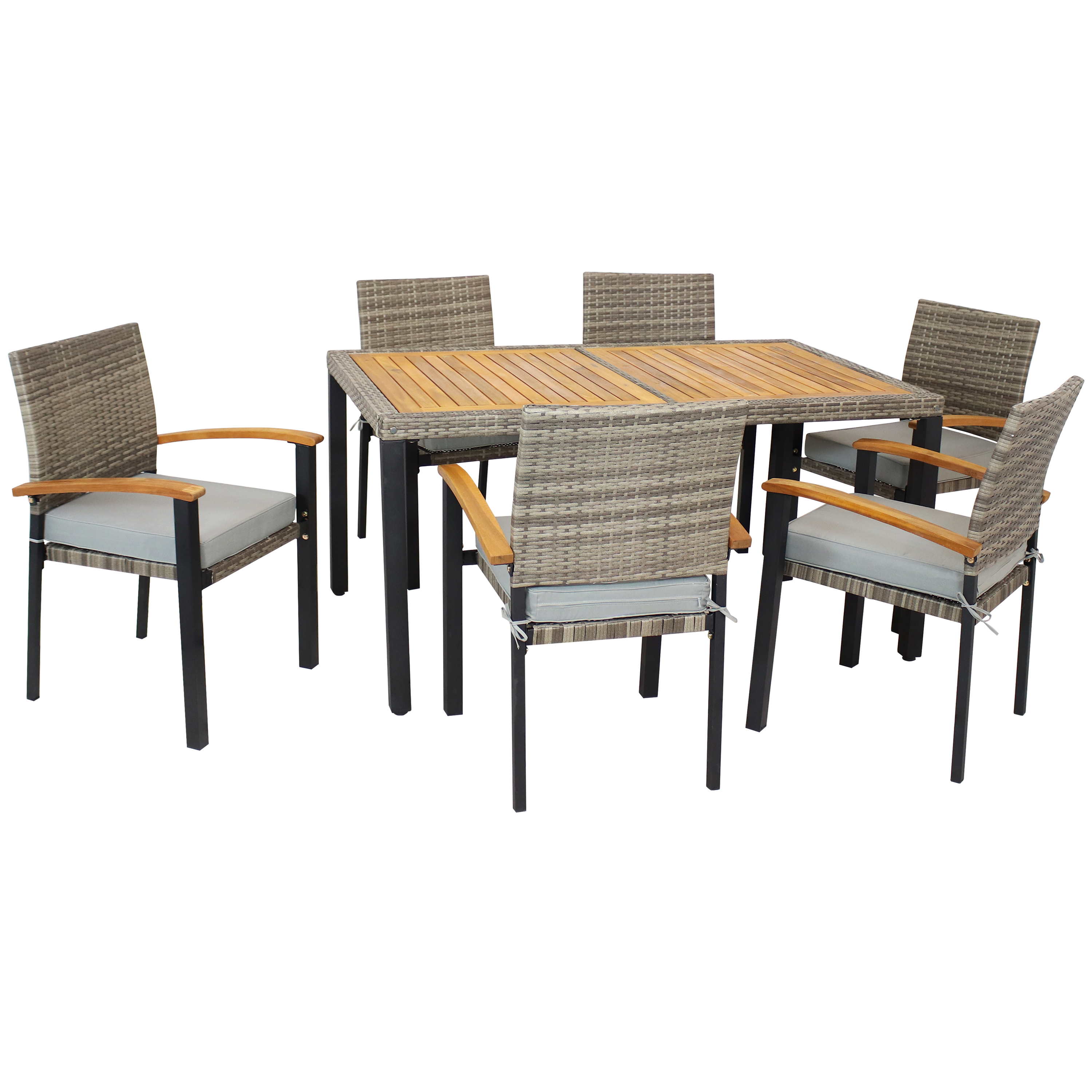 Carlow 7-Piece Rattan and Acacia Patio Dining Set - Mixed Gray/Stone Gray