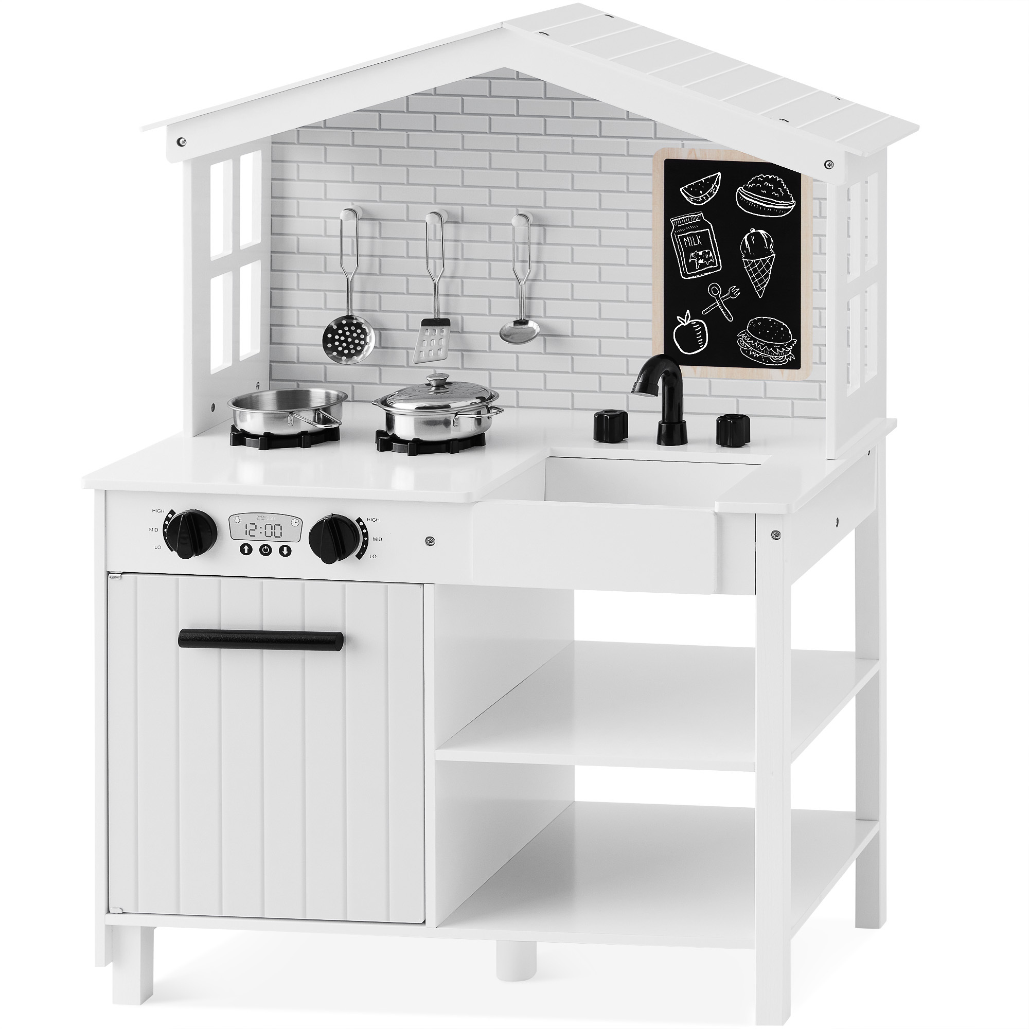 Farmhouse Wooden Play Kitchen Toy Set For Kids w/ Chalkboard, Storage Shelves, 5 Accessories - White - Best Choice Products Online