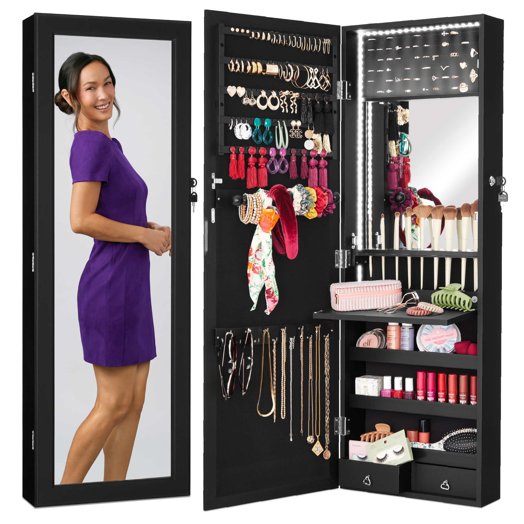 Wall & Door Mount Hanging Mirror Jewelry Armoire Cabinet w/ LED Lights, Cosmetics Tray, Lock - Black - Best Choice Products Online