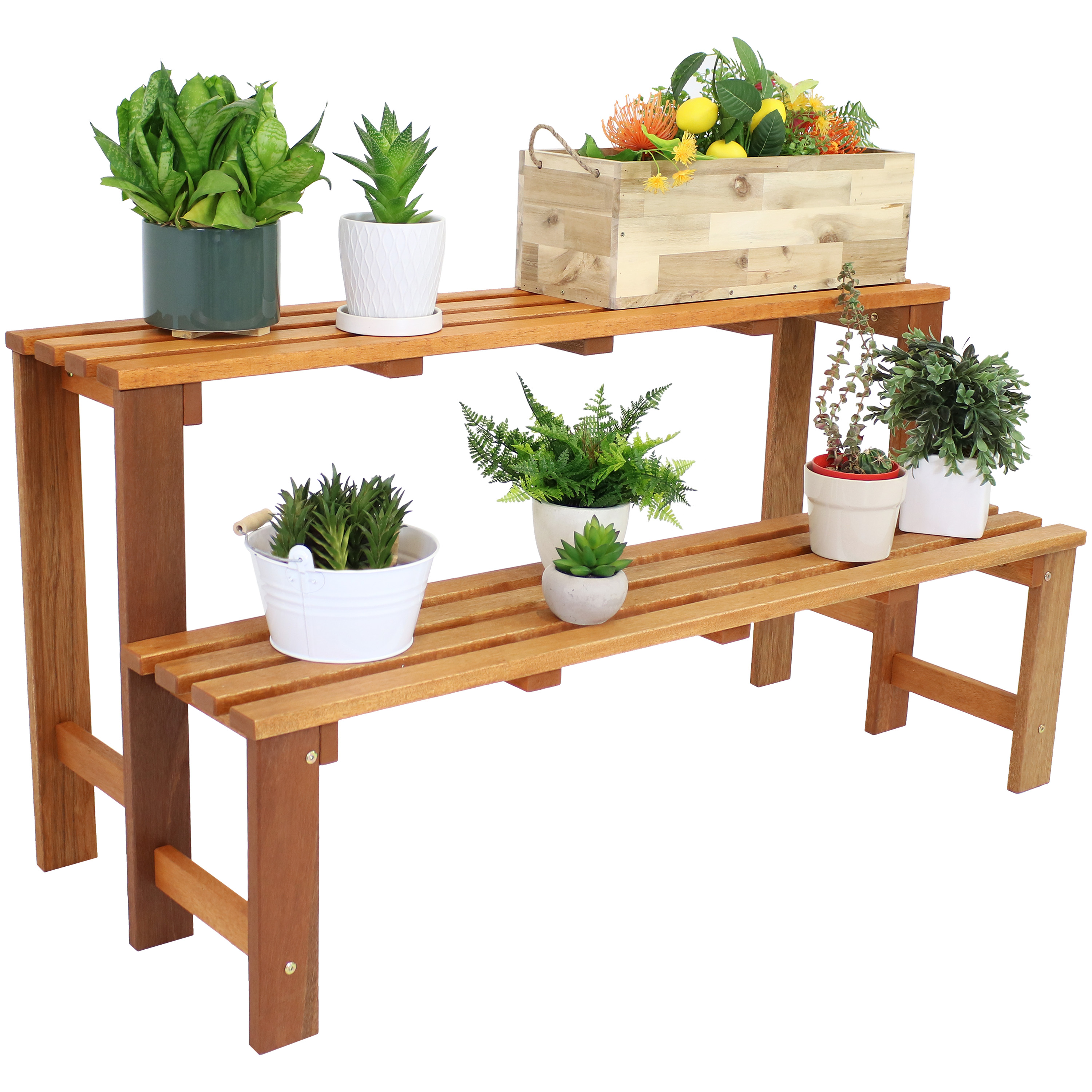 Sunnydaze 2-Tier Meranti Wood Plant Stand with Teak Oil Finish