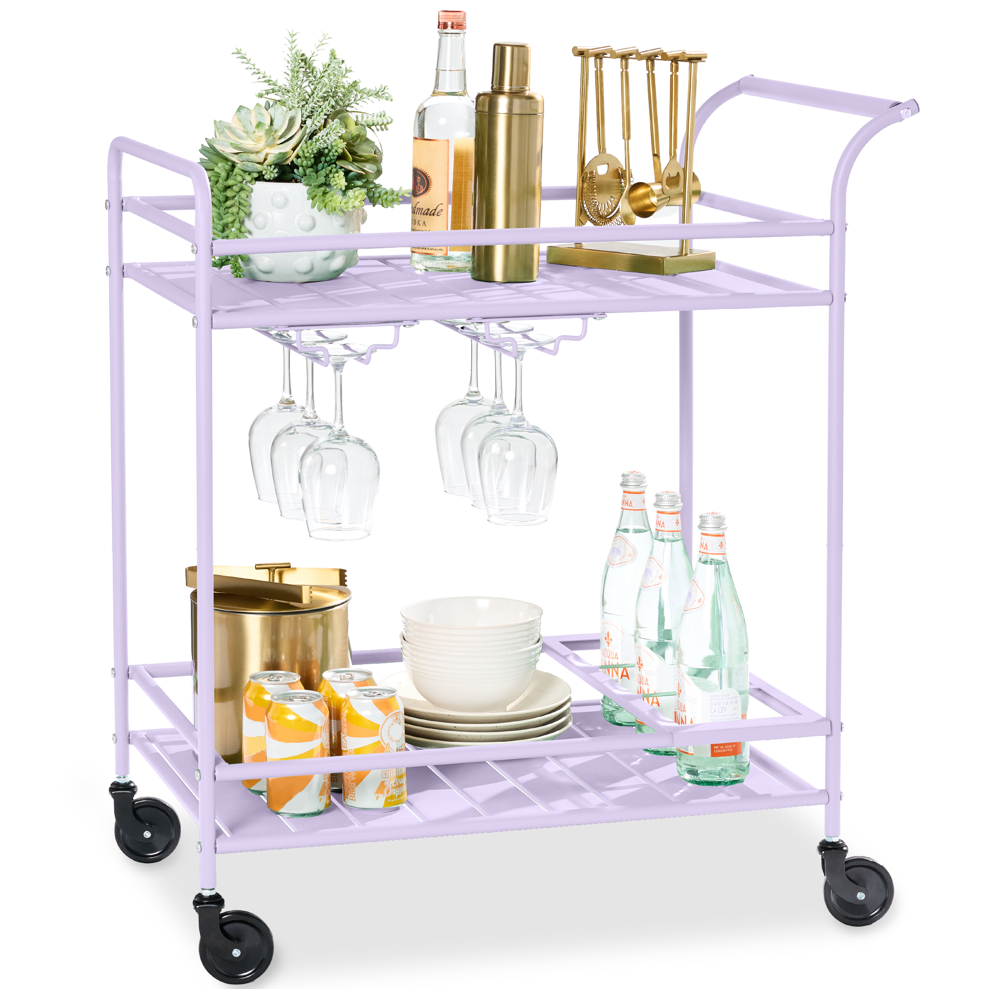 2-Tier Rolling Bar Cart Indoor/Outdoor w/ Storage Shelves, Wine Rack, Lockable Wheels - Lavender - Best Choice Products Online