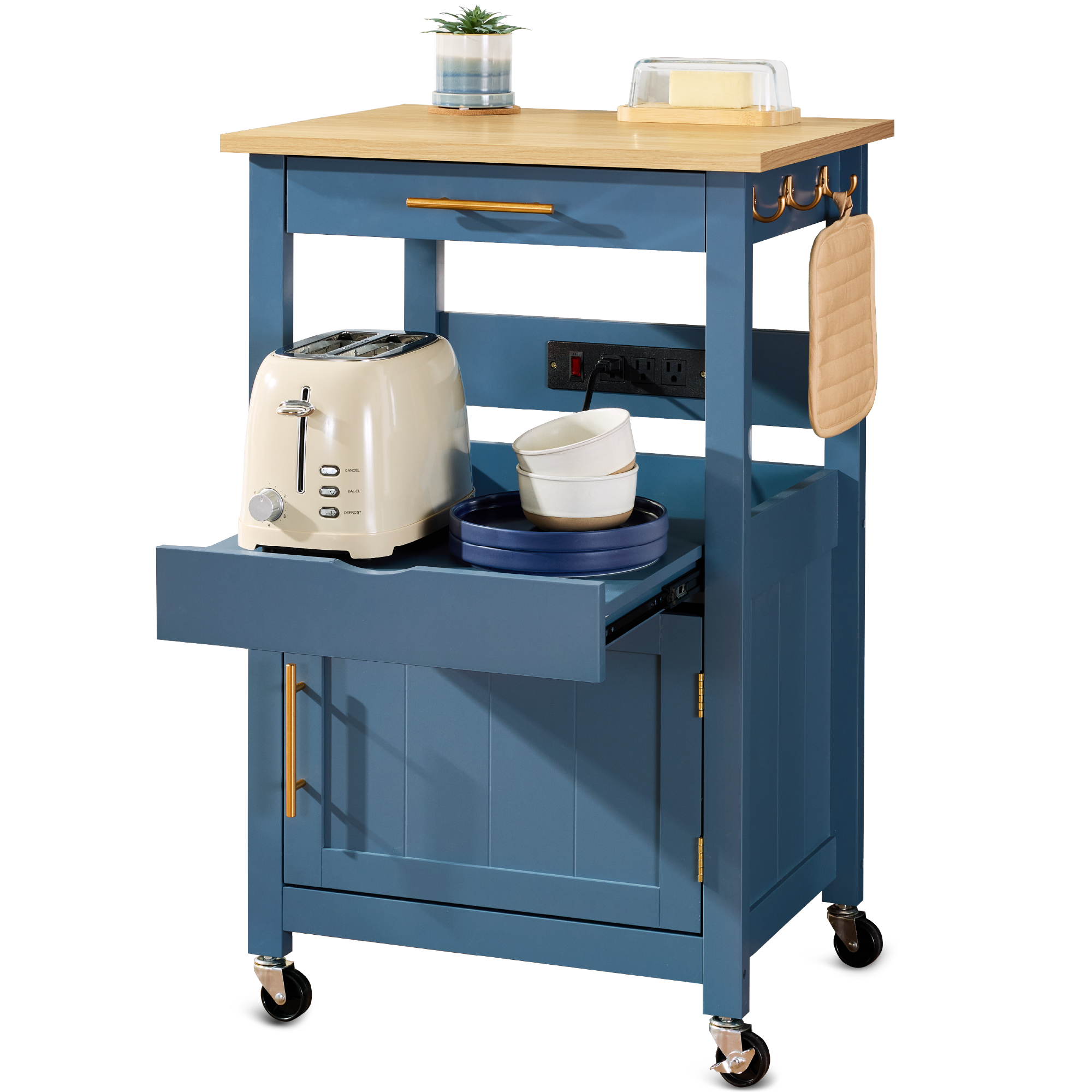 Rolling Kitchen Island Cart, Single Door Cabinet w/ Drawer, Sliding Tray, Outlet - Slate Blue - Best Choice Products Online