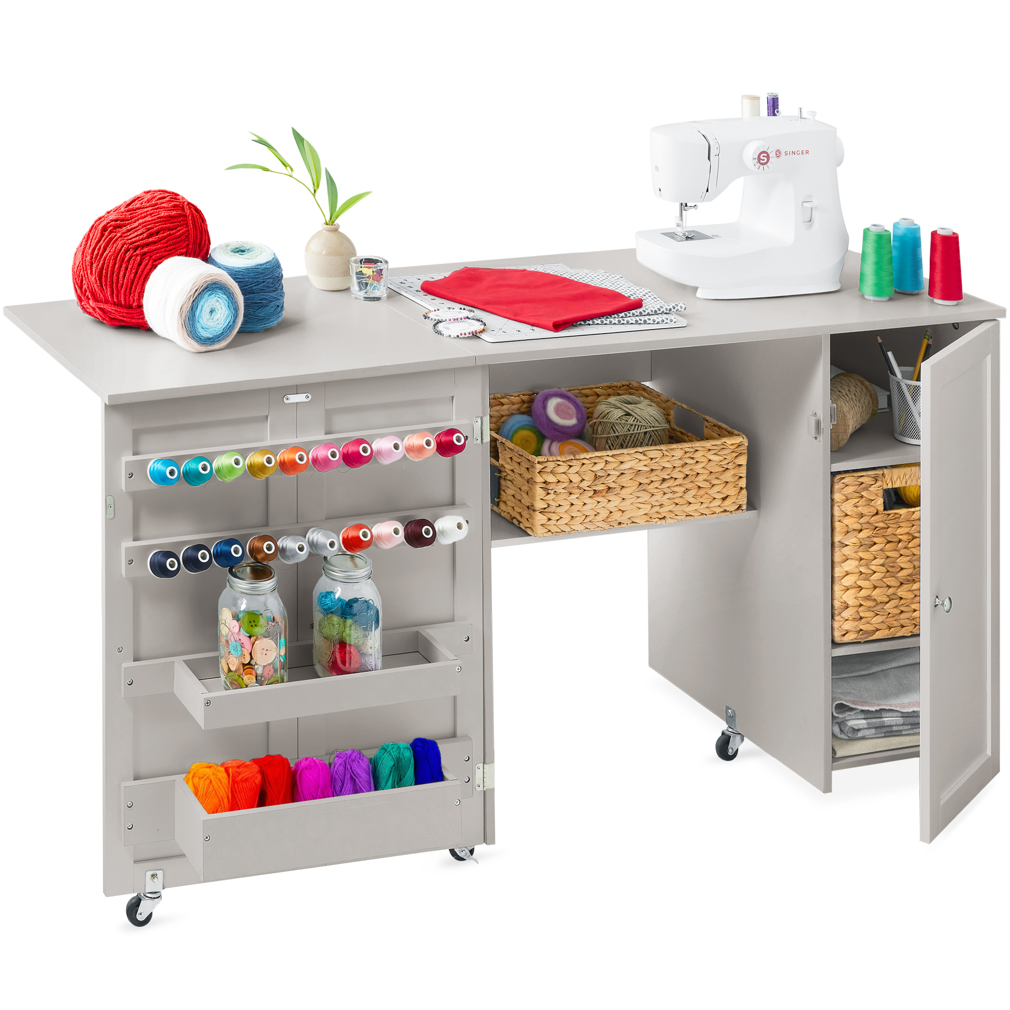 Large Portable Multipurpose Folding Sewing Table w/ Magnetic Doors, Craft Storage - Gray - Best Choice Products Online